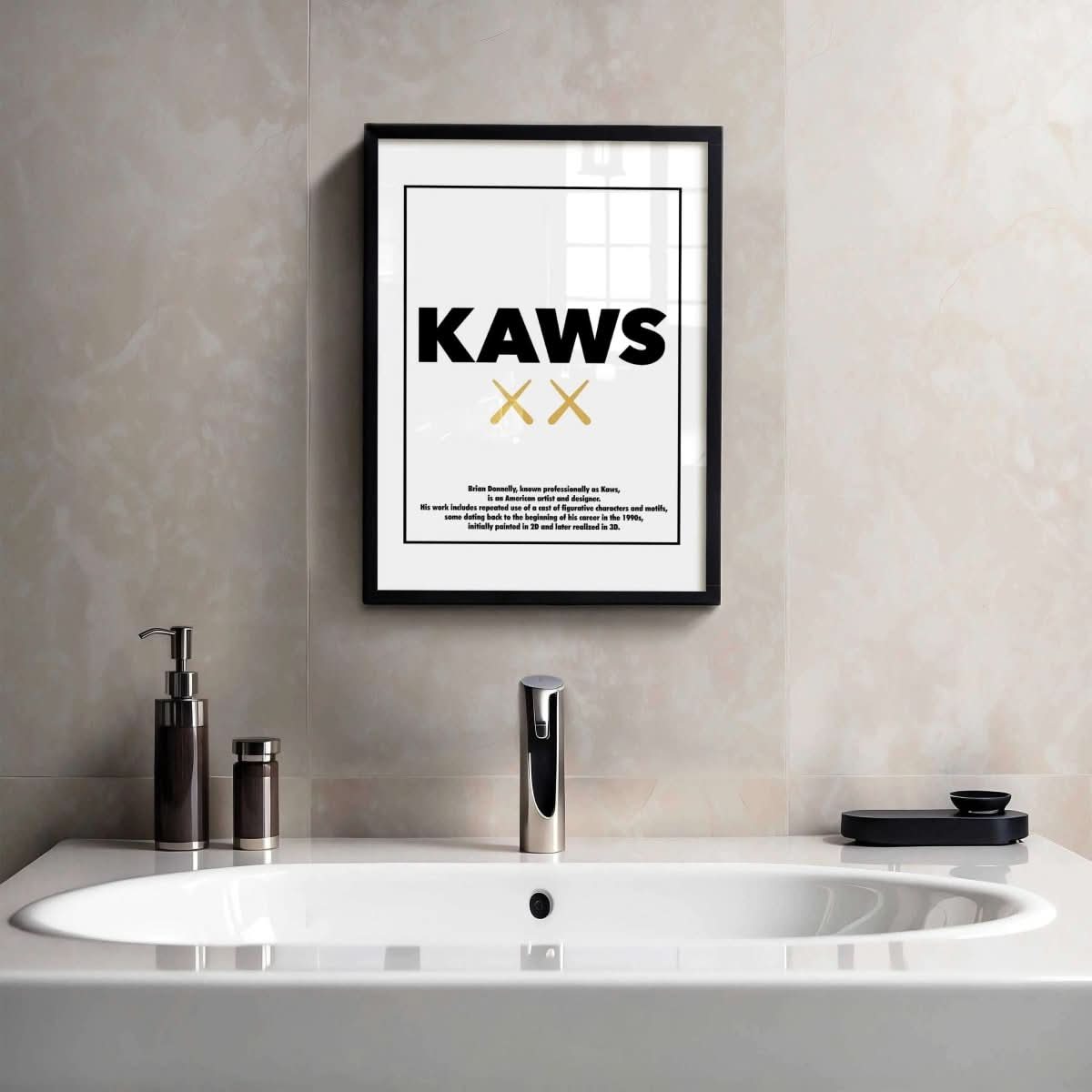 Contemporary Wall Art Set of 3 Posters featuring modern digital wall art in black and gold above bathroom sink, printable art by Haus of Prints