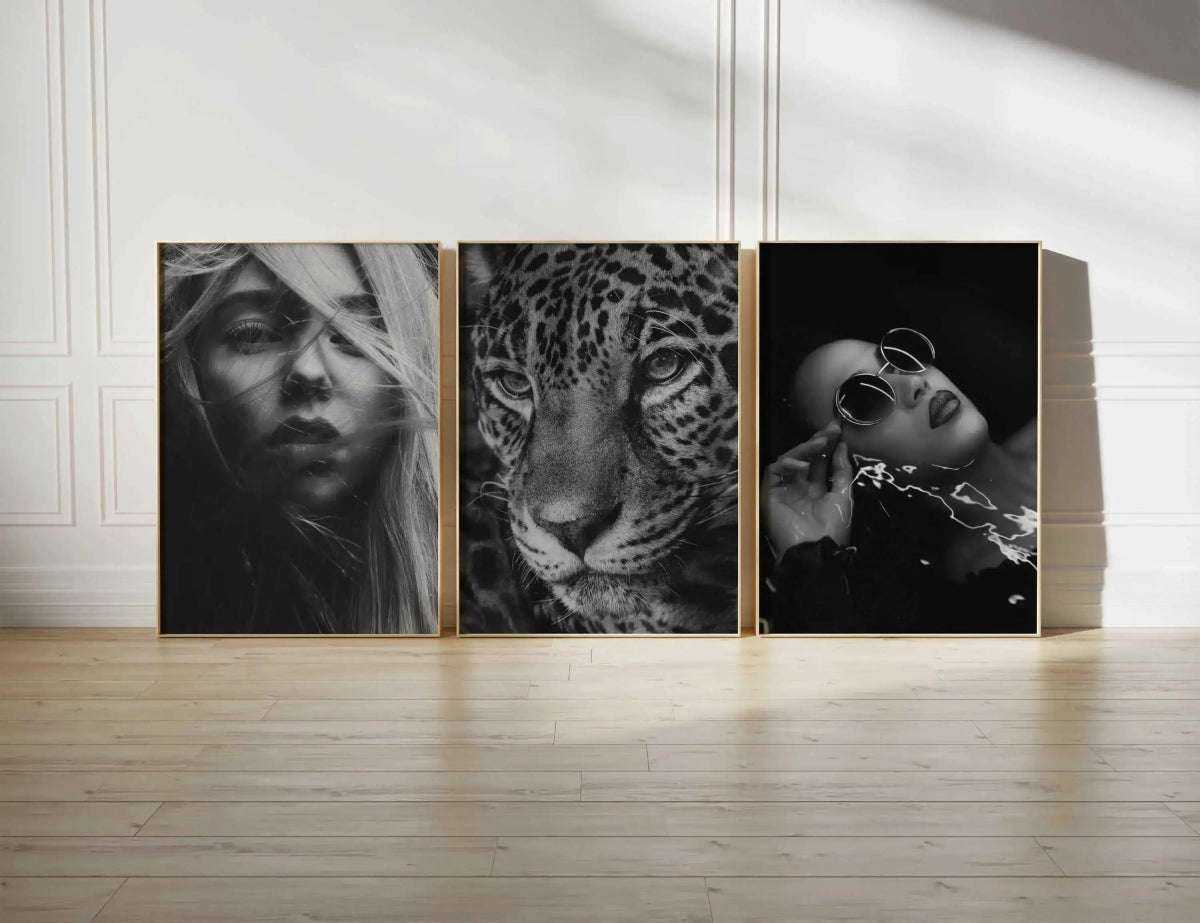 Stylish display of 3 Fashion Home Decor Posters, emphasizing modern minimalism and high fashion for chic interiors.