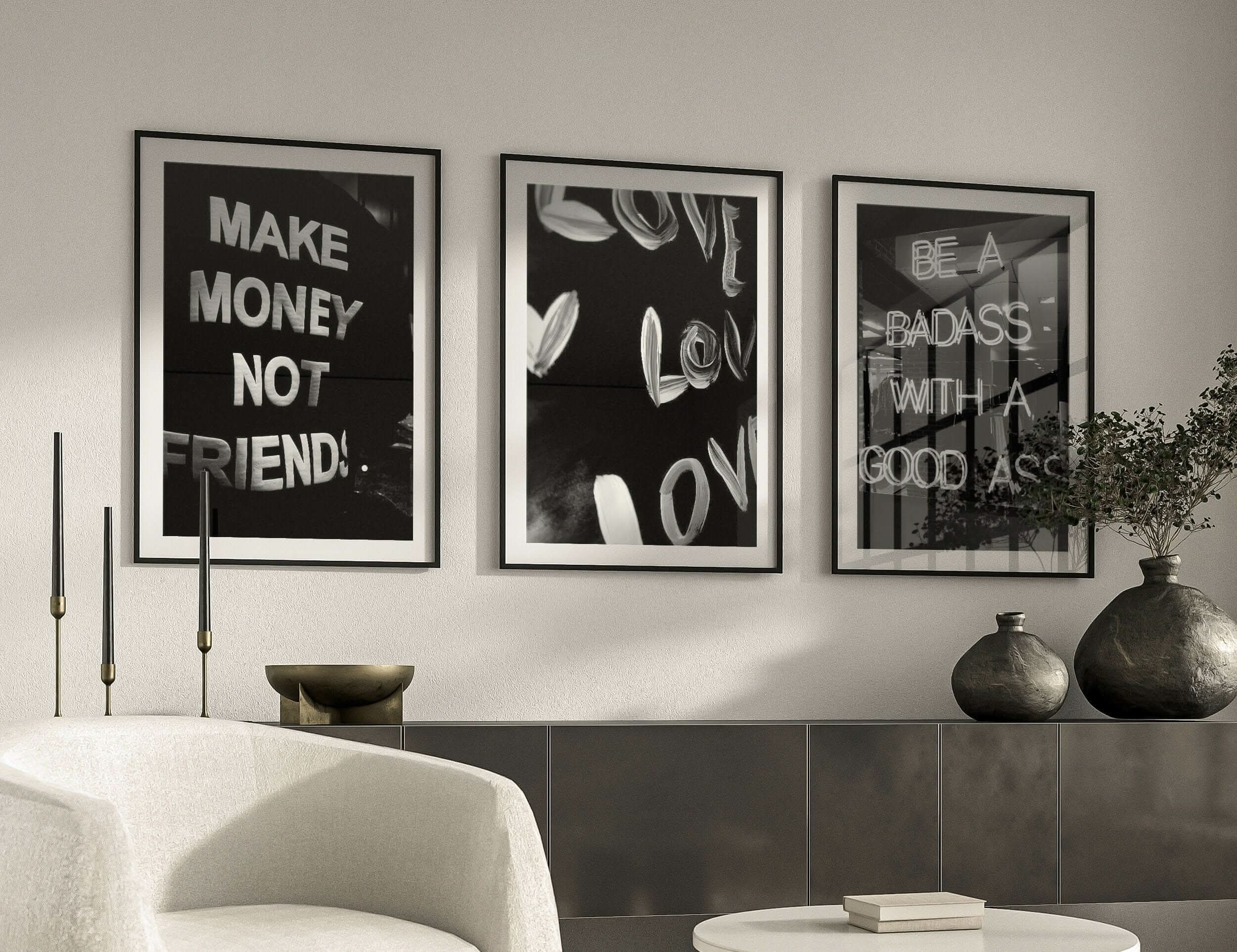 Fashion Quote Wall Art Set of 3 with bold lettering in black and white, perfect for elevating home decor.