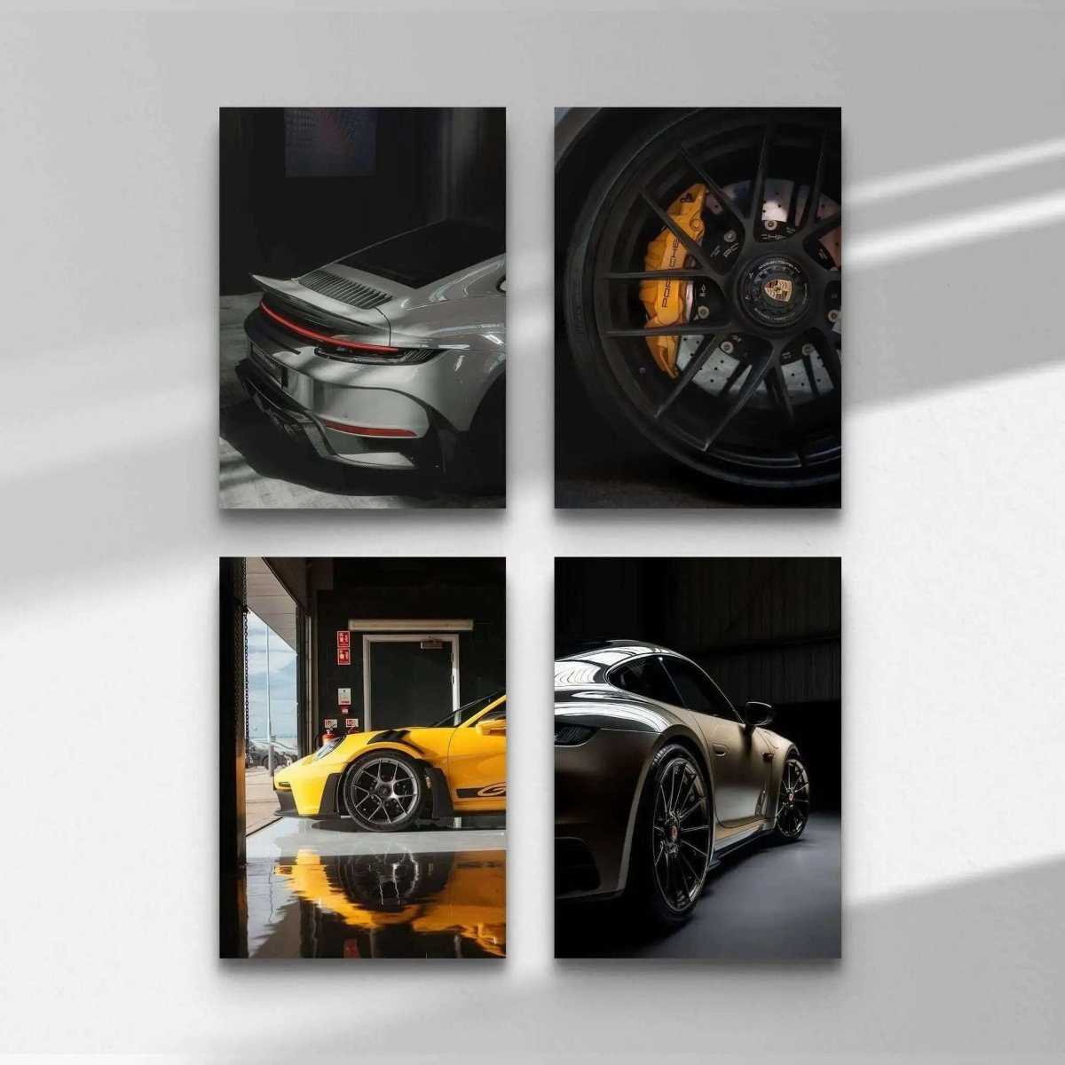 Porsche GT3 RS Wall Art Set of 4 featuring luxury car digital prints in modern living room decor, instant download by Haus of Prints.
