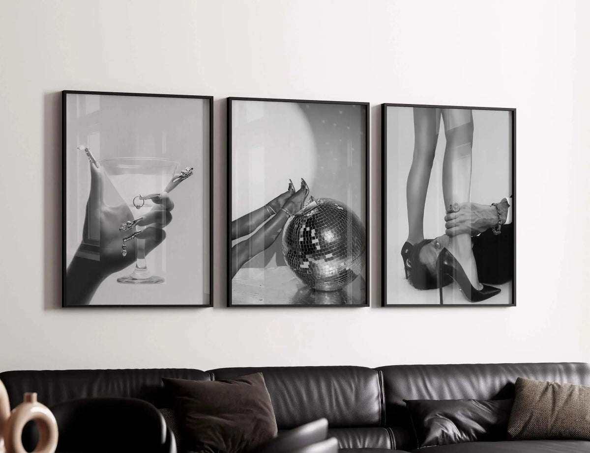Print depicting a hand grasping a woman's leg in high heels, adding a bold fashion statement to any space.