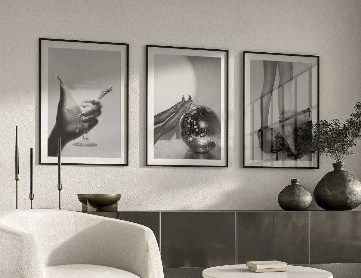 Trio of prints in a cozy room setting, highlighting elegant fashion art that uplifts any space.