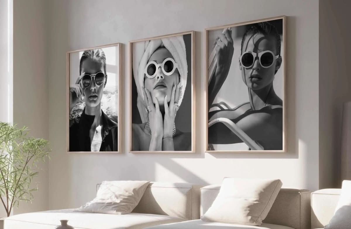 High Fashion Wall Art Set of 3 featuring bold black and white fashion digital wall art prints in modern living room, Haus of Prints.