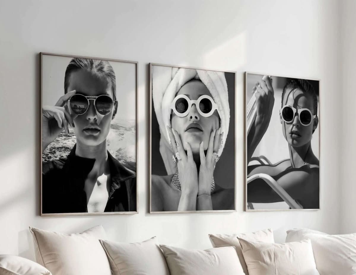 High Fashion Wall Art Set of 3 featuring black and white fashion portraits in framed digital wall art for modern living room decor — Haus of Prints.