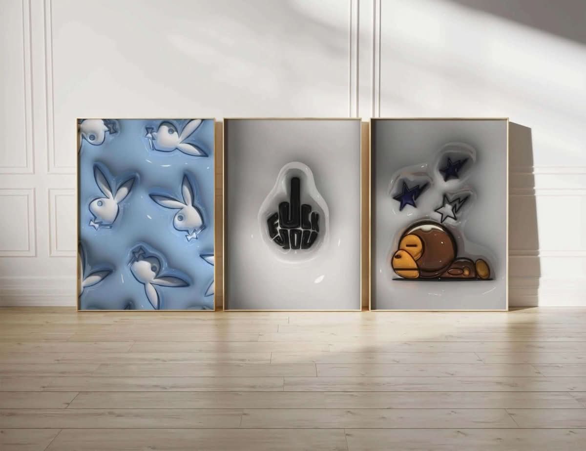 Hypebeast 3D Poster Set of 3 showcasing unique KAWS designs, ideal for modern living room decor.