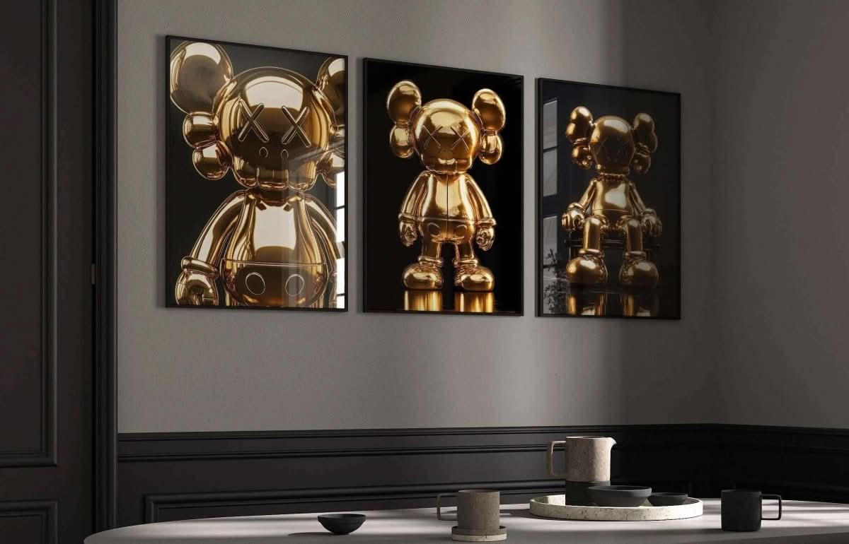 Three poster formats from Hypebeast Gold Posters Set of 3 showcasing variations of KAWS art in gold.