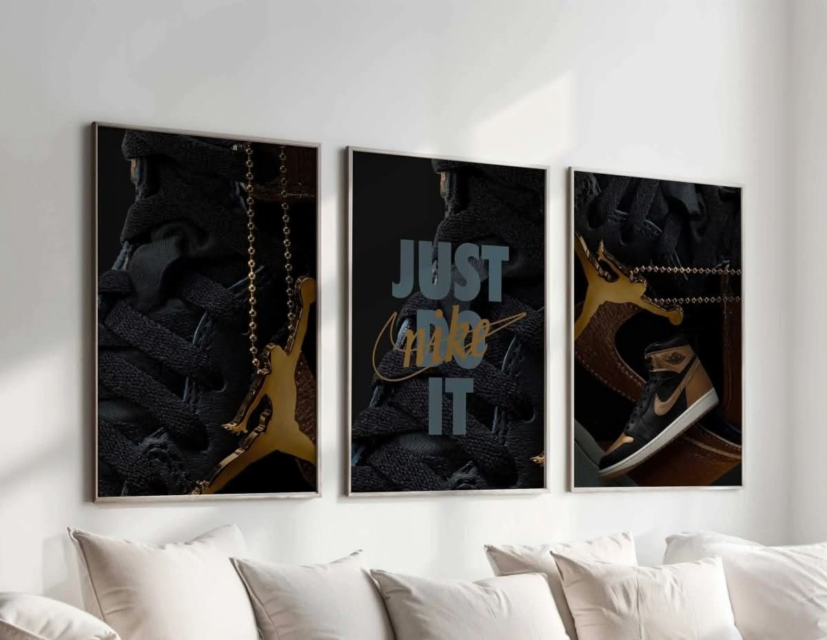 Hypebeast Nike Sneaker Wall Art Set of 3 showcasing contemporary sneaker art pieces with dynamic composition.