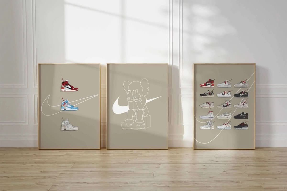 Close-up of sneakers showcasing minimalist design and bold lines in a unique arrangement.