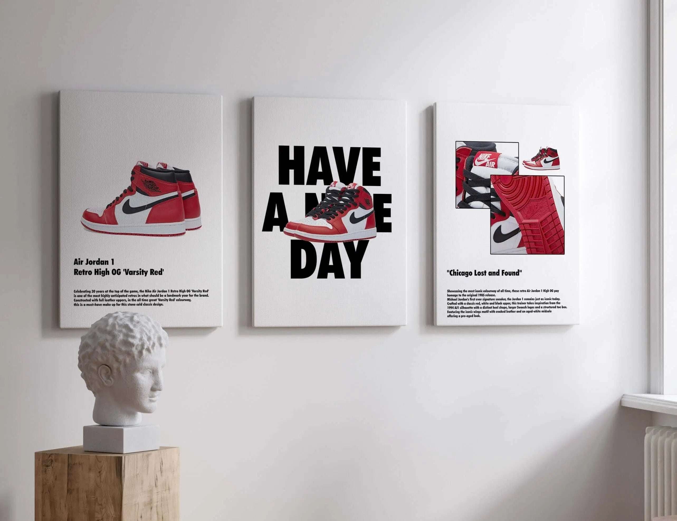 Hypebeast Sneaker Art Prints Set of 3 illustrating iconic sneaker designs, perfect for stylish interior design.