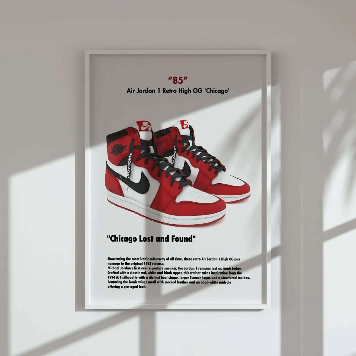 Framed digital wall art of Air Jordan Retro High OG Chicago sneakers, modern printable art for home decor by Haus of Prints.