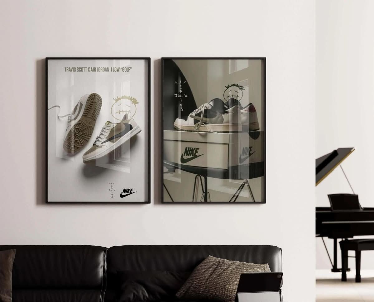 Hypebeast Sneaker Wall Art Set of 2 featuring stylish sneaker designs in a modern setting with vibrant colors.