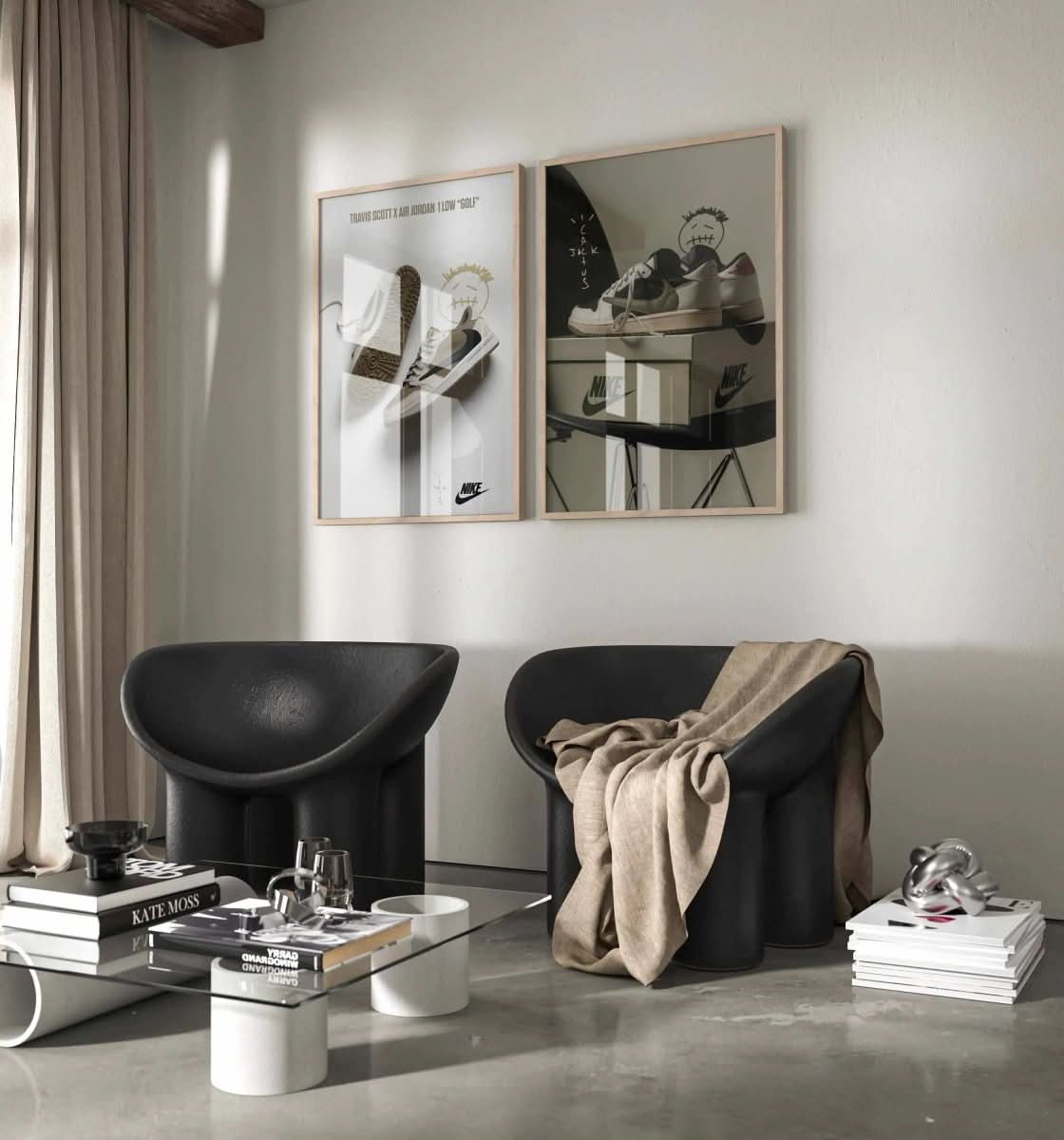 Hypebeast Sneaker Wall Art Set of 2 showcasing vivid sneaker prints displayed in a chic room setting.