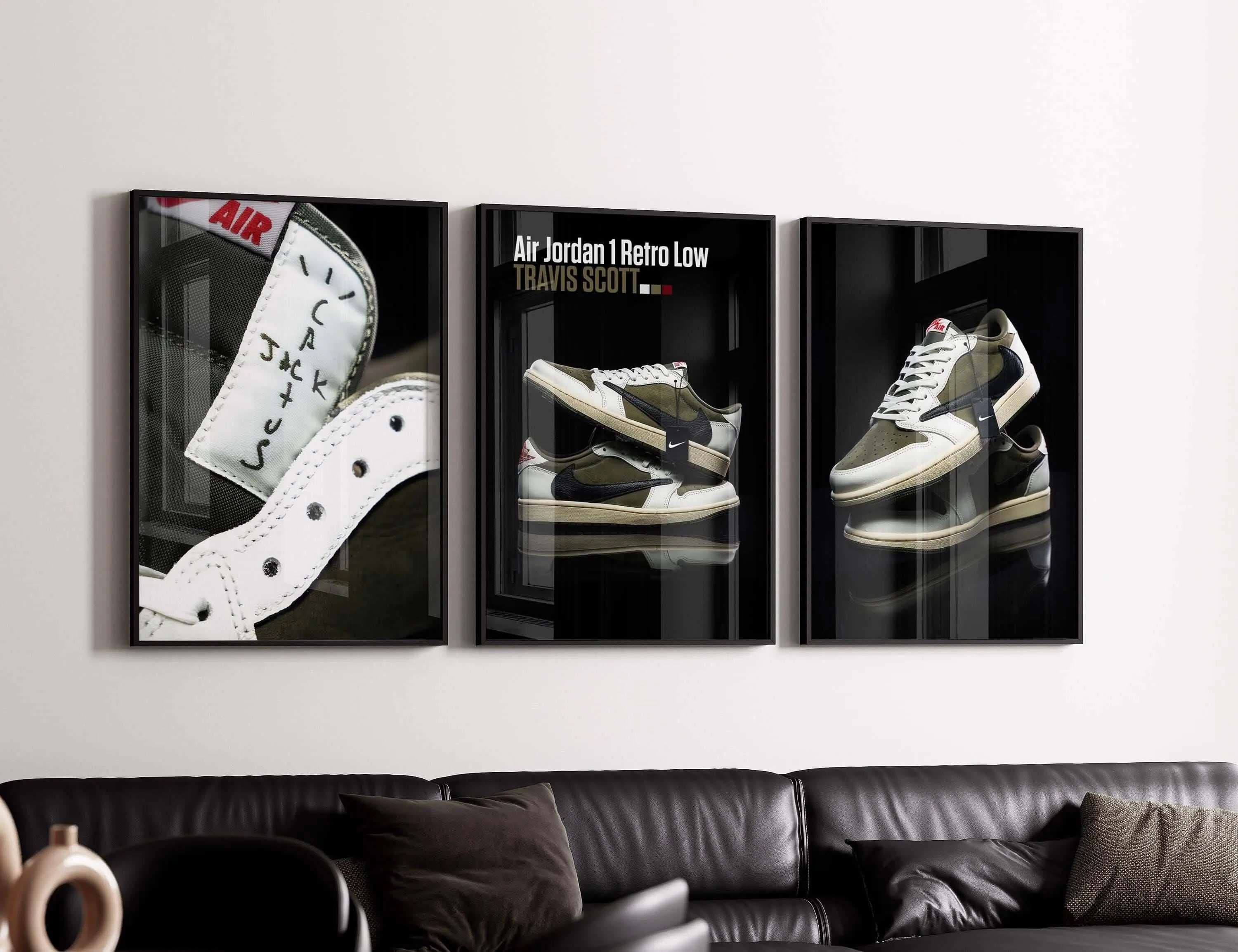 Hypebeast Urban Sneaker Poster Set of 3 displaying stylish sneakers in an artistic arrangement on a dark background.