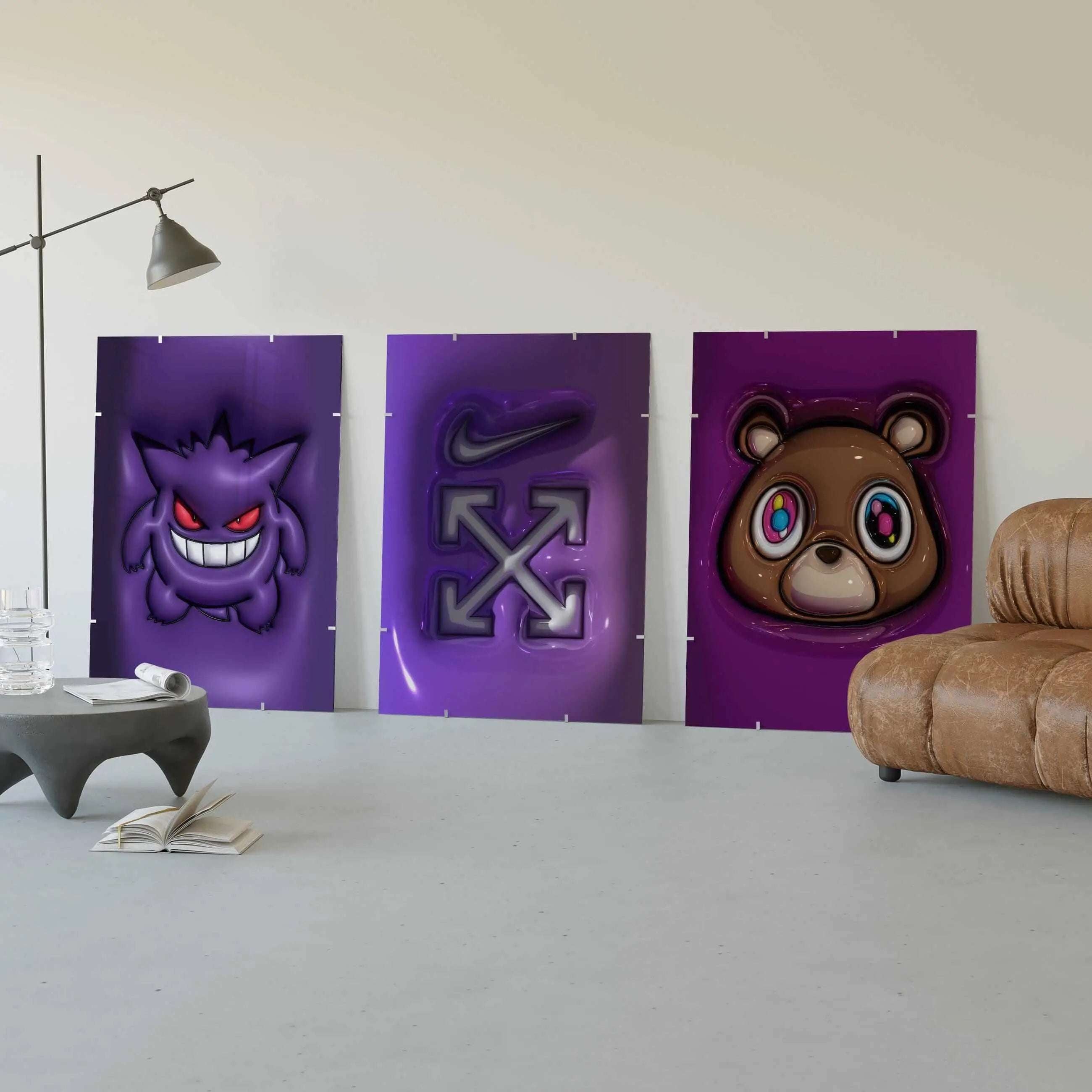 Hypebeast Wall Art Set of 15 featuring vibrant sneaker and urban digital prints in a modern living room setting — Haus of Prints.