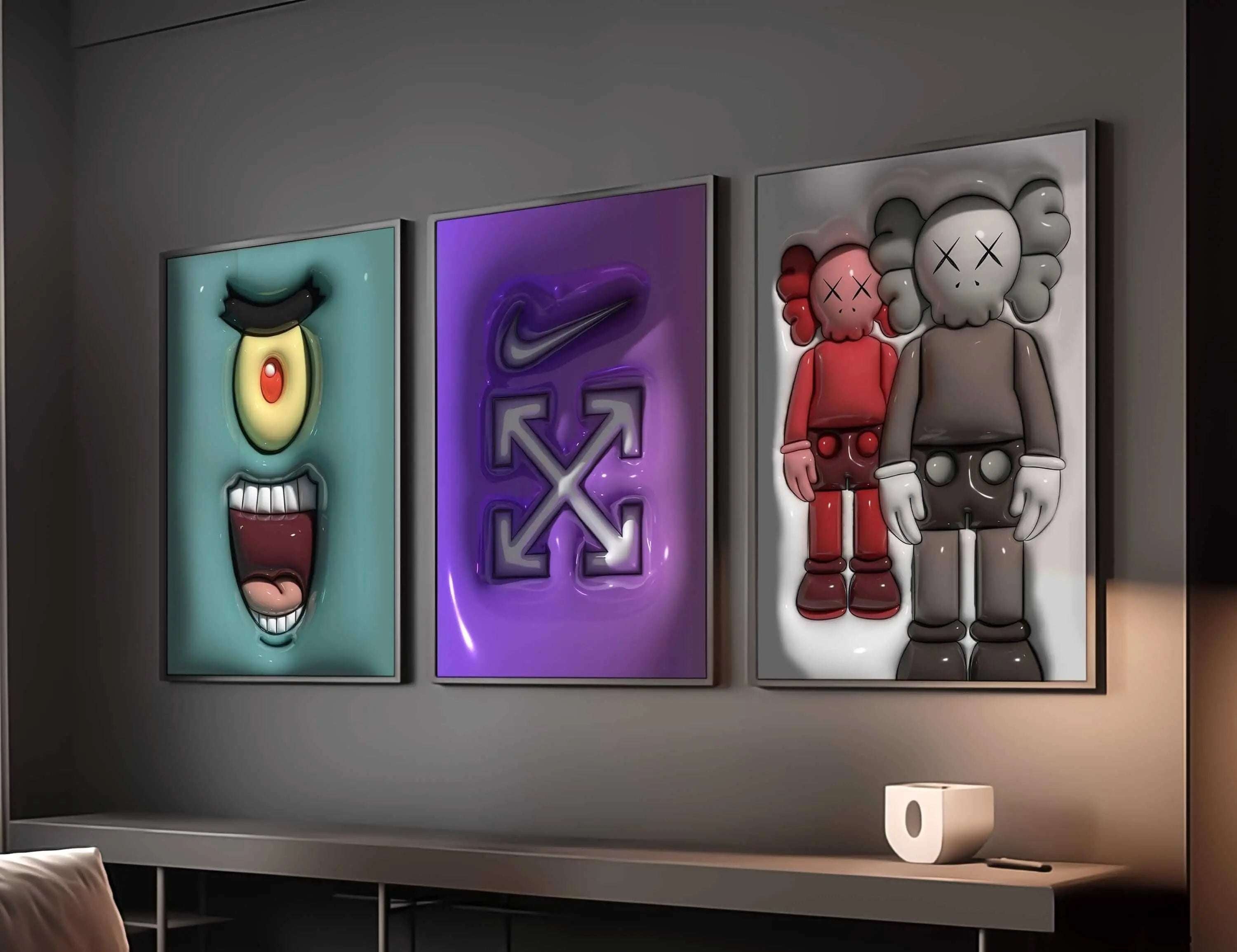 Hypebeast Wall Art Set of 15 featuring vibrant sneaker and streetwear digital wall art prints in a modern living room setting — HAUS OF PRINTS
