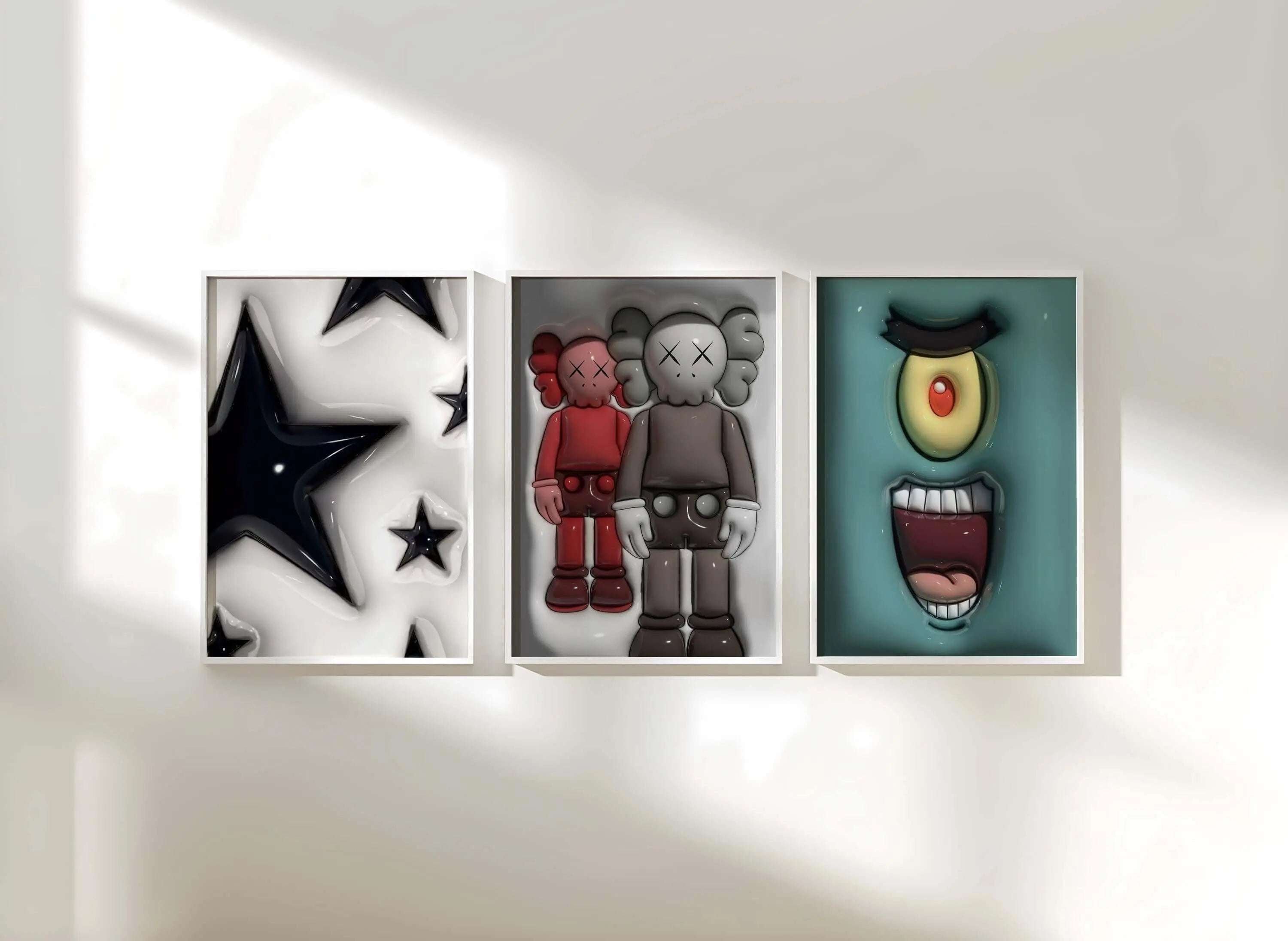 Hypebeast Wall Art Set of 15 featuring urban sneaker art and streetwear digital prints in a modern living room by HAUS OF PRINTS.