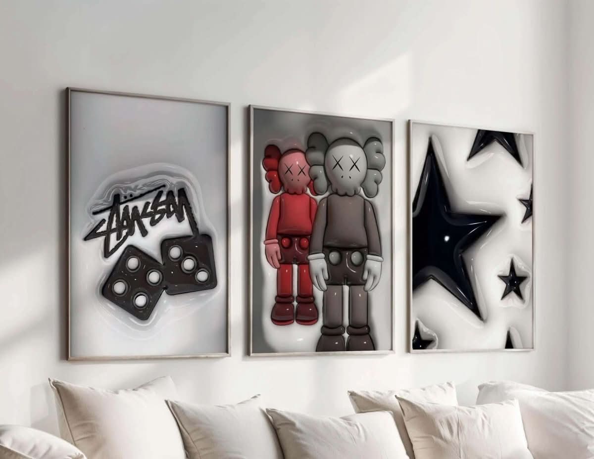 Hypebeast KAWS art showcasing modern characters with bold colors and textures for urban decor.
