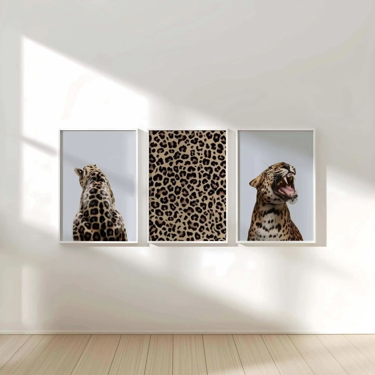 Leopard Design Wall Art Set of 3 showcasing a fierce leopard roaring, an ideal addition to chic modern decor.