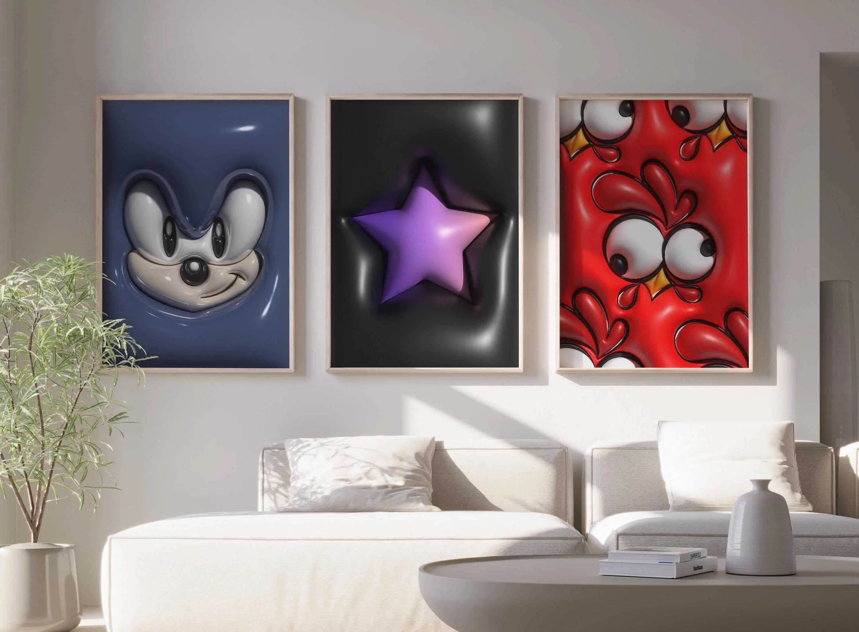 3D print featuring friendly cartoon eyes on a red background, evoking a playful and lively atmosphere.