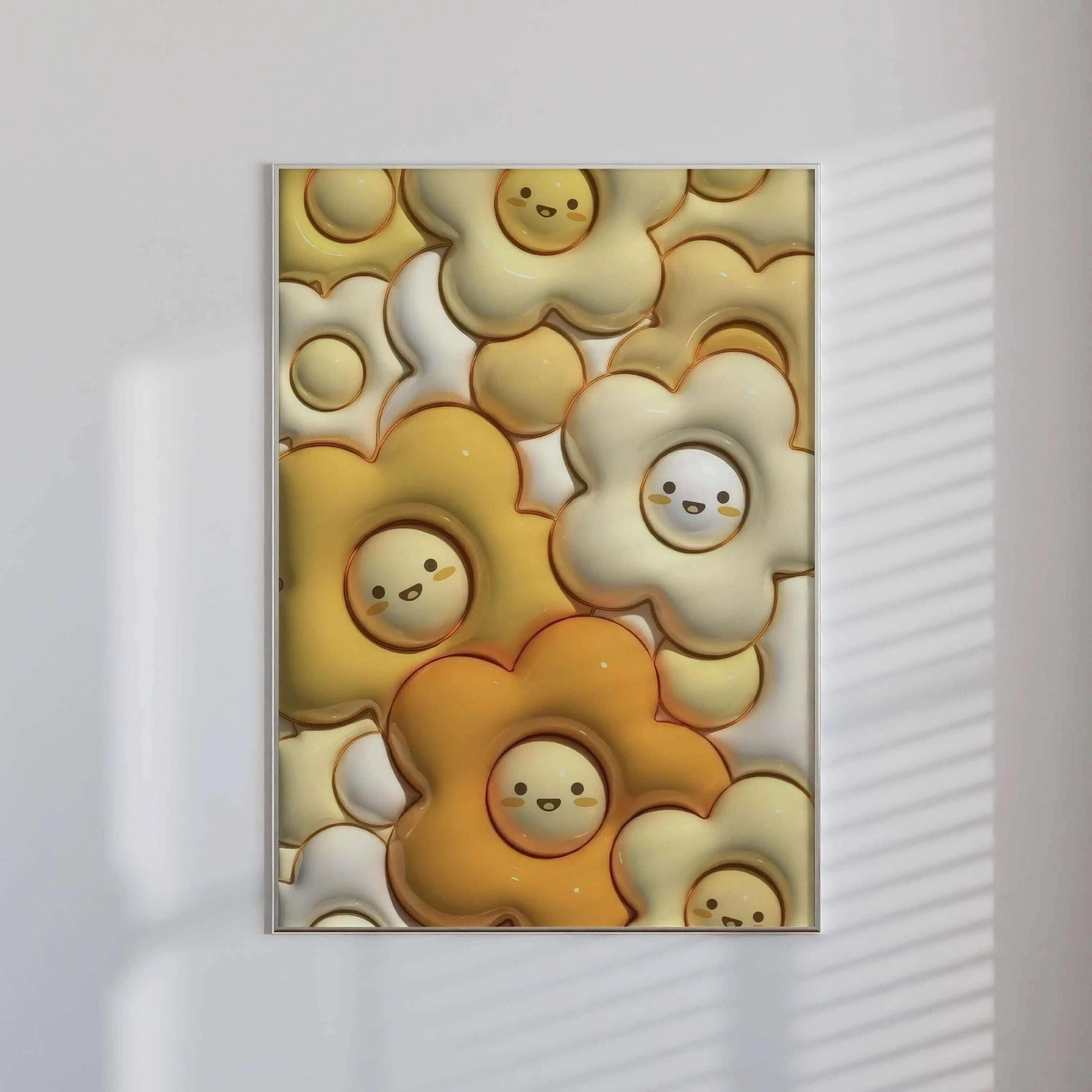 3D art piece of friendly cartoon flowers in soft yellows and creams, featuring smiling faces for a cheerful vibe.