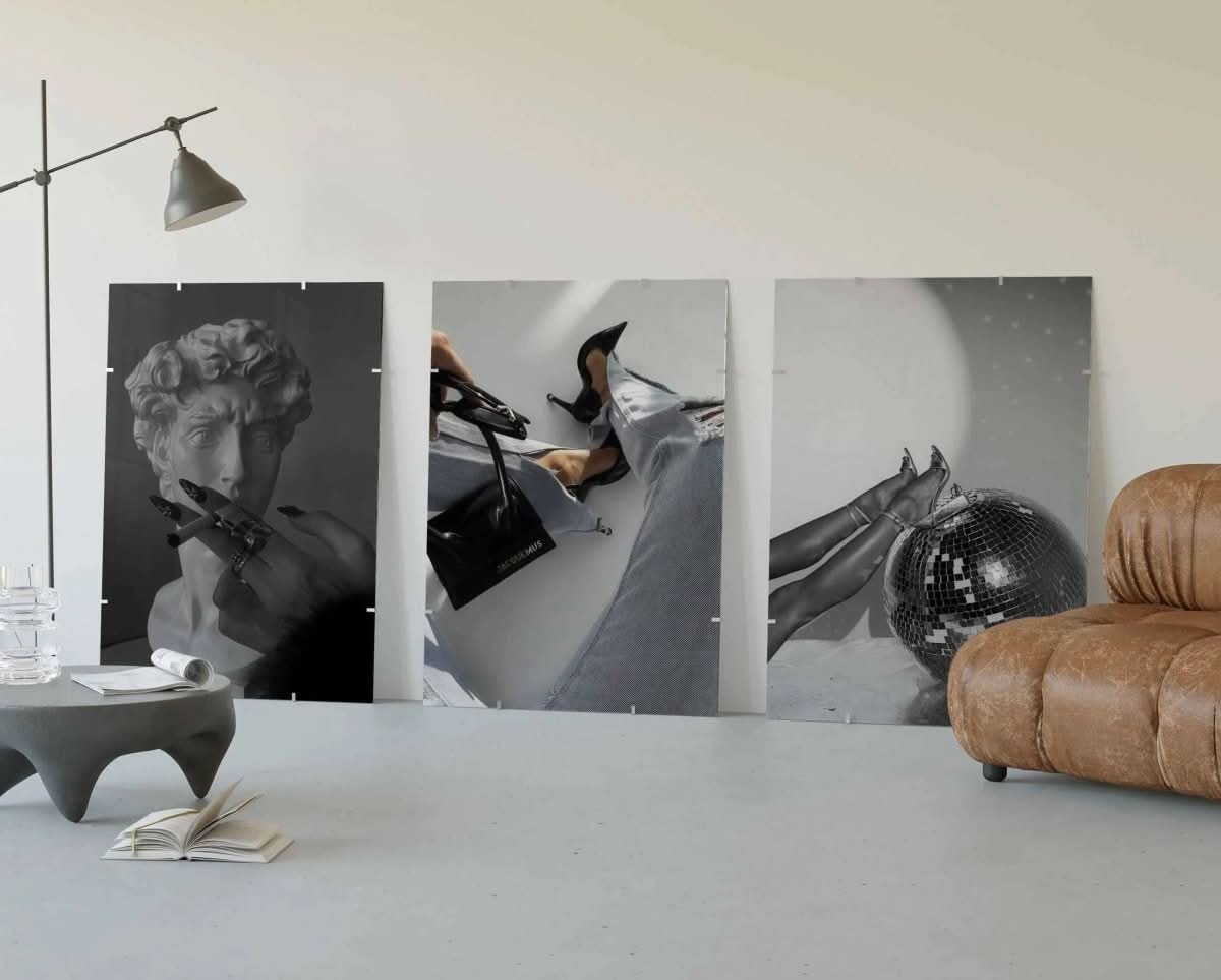 Large prints from Luxury Fashion Wall Art Set depicting a sculpture, high heels, and a disco ball.