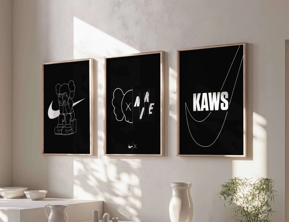Luxury HYPEBEAST Wall Art Set of 3 with bold sneaker and streetwear digital prints framed in modern living room — Haus of Prints.