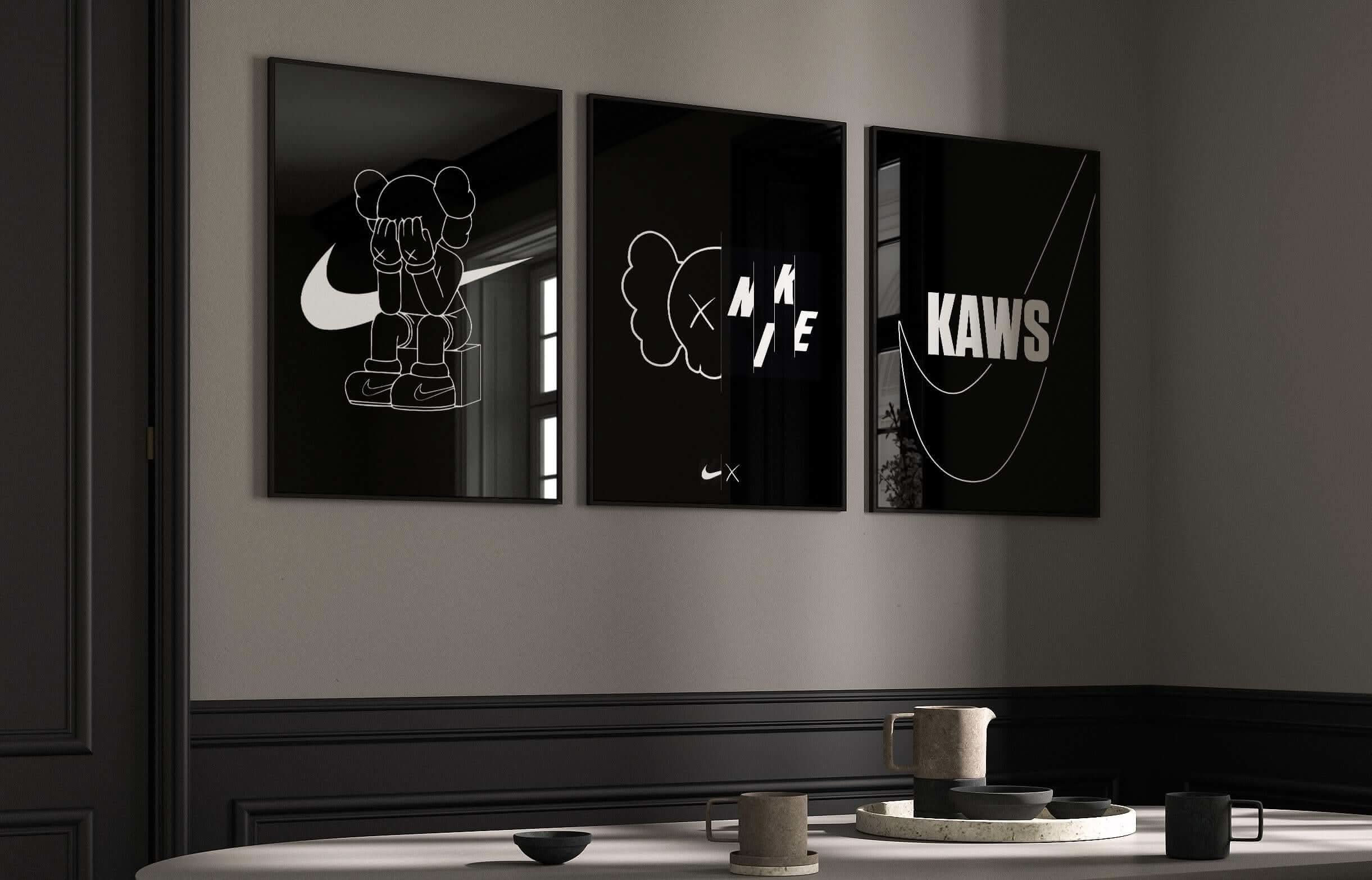 Luxury HYPEBEAST Wall Art Set of 3 featuring bold sneaker and streetwear digital wall art in a modern living room, Haus of Prints.