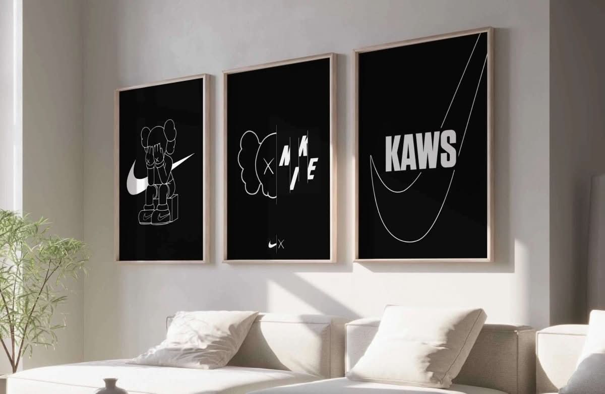 Luxury HYPEBEAST Wall Art Set of 3 featuring bold sneaker and streetwear digital prints in a modern living room by Haus of Prints.