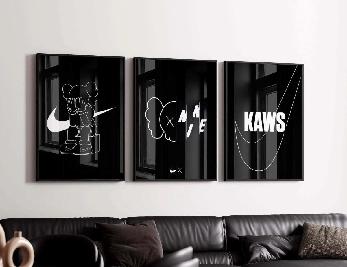 Luxury HYPEBEAST Wall Art Set of 3 featuring black-and-white sneaker and streetwear digital wall art in modern living room - Haus of Prints