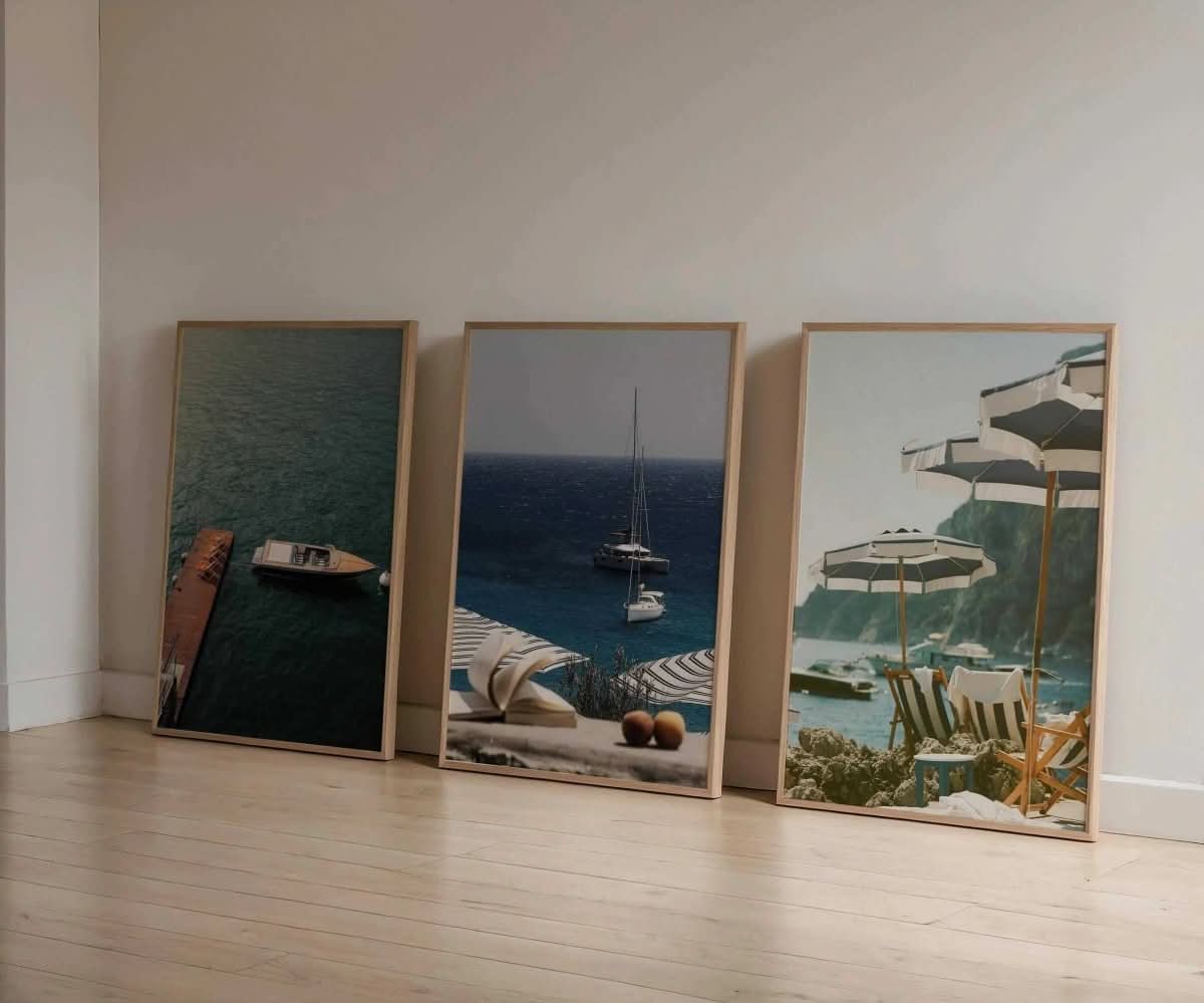 Luxury Seascape Travel Poster Set of 3 featuring coastal scenes in framed digital wall art for modern home decor by Haus of Prints.