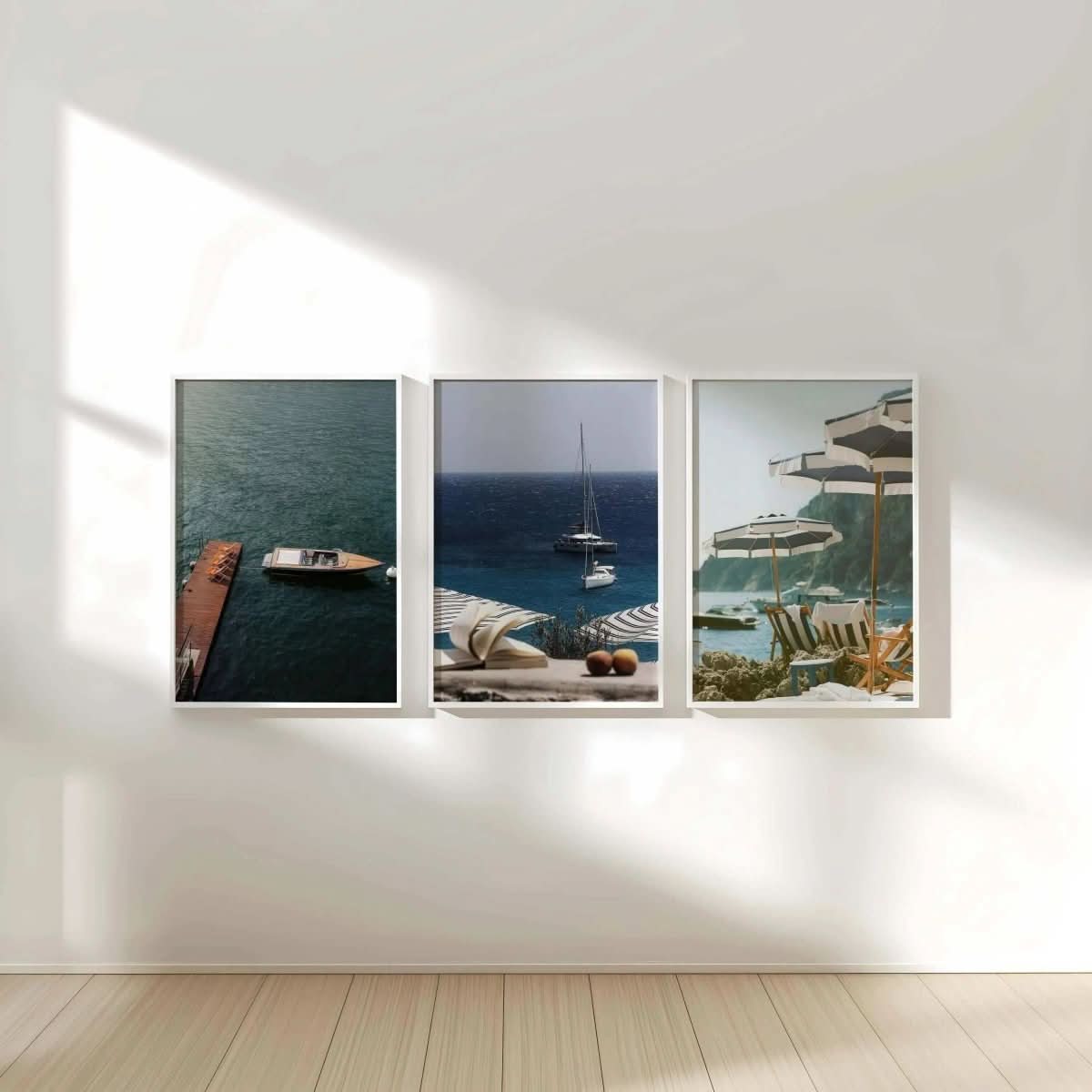 Luxury Seascape Travel Poster Set of 3 featuring serene coastal scenes in modern printable art for living room decor — Haus of Prints.
