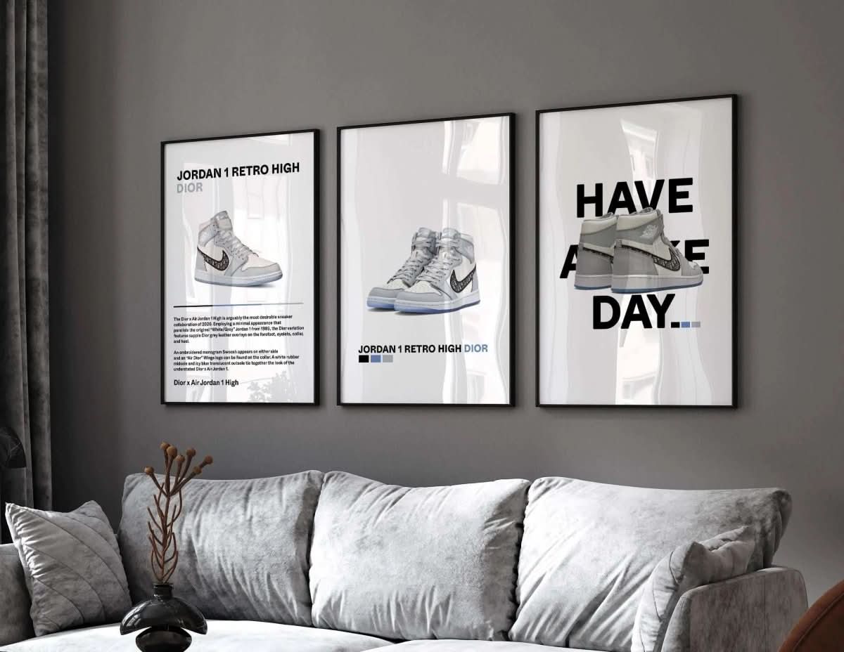 Detail view of luxury sneaker wall art featuring dynamic sneaker prints and contemporary style.