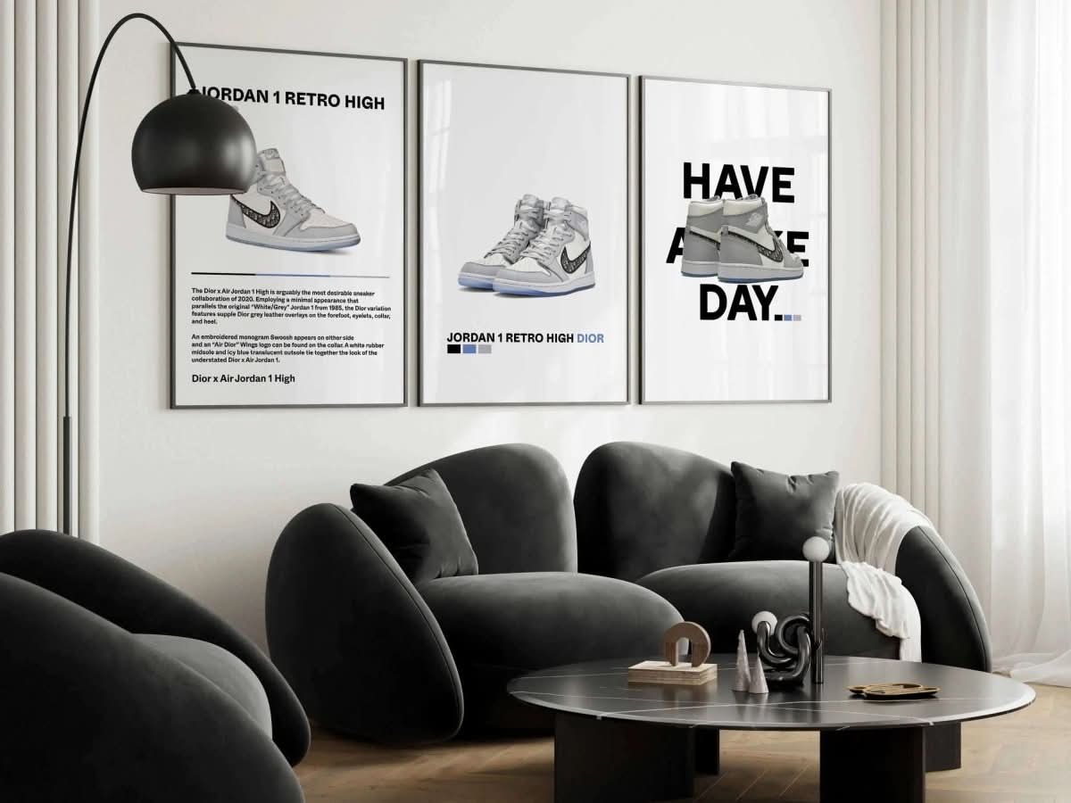 Gallery view of luxe sneaker art print showcasing artistry in a chic interior design.