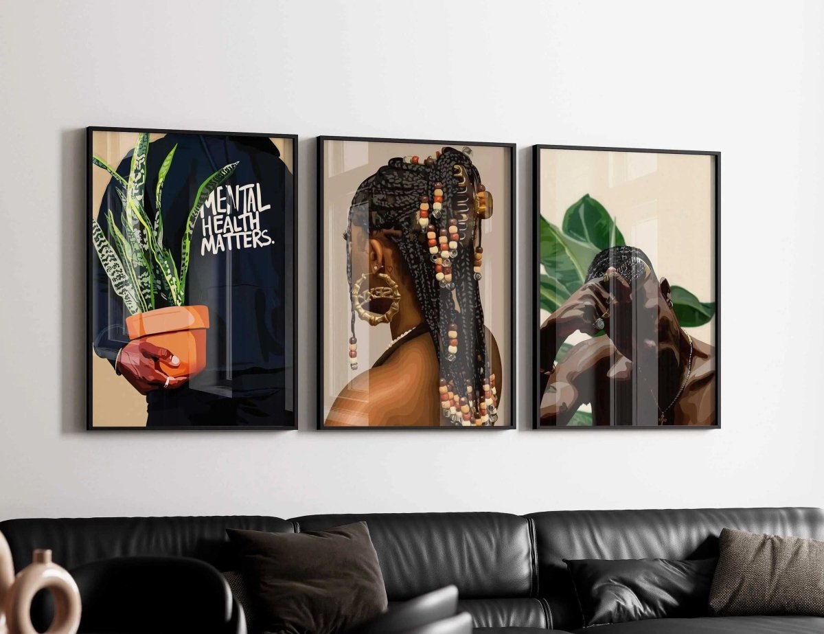 Melanin Printable Wall Art Set of 12 featuring Afrocentric digital art prints with mental health and cultural themes in a modern living room by Haus of Prints.