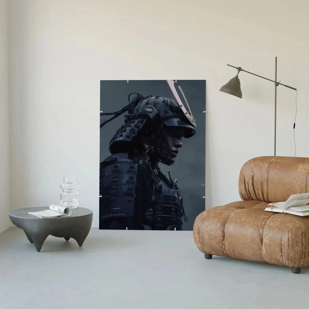 Midnight Ronin – Cyber Samurai Wall Art Print displayed on a wall, highlighting its striking detail in a contemporary interior.