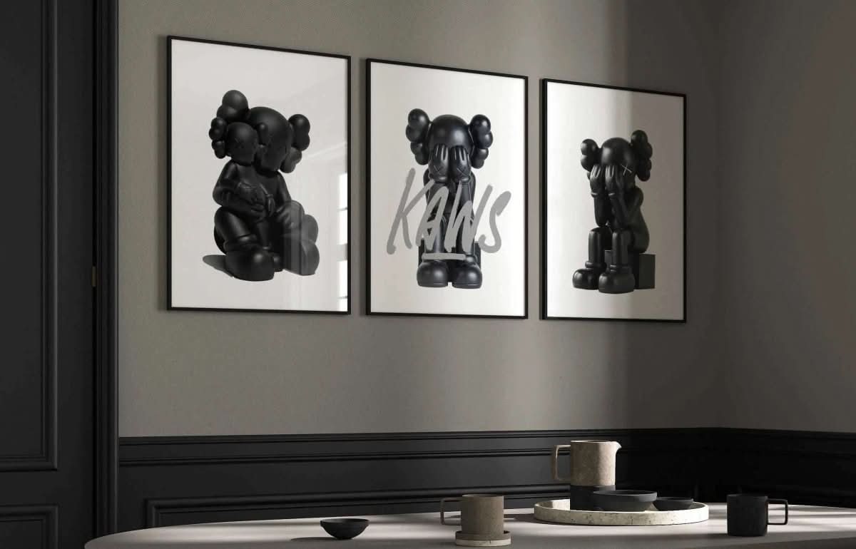 Dynamic arrangement of Minimal Hypebeast Prints Set with KAWS sculptures, great for elevating contemporary decor.