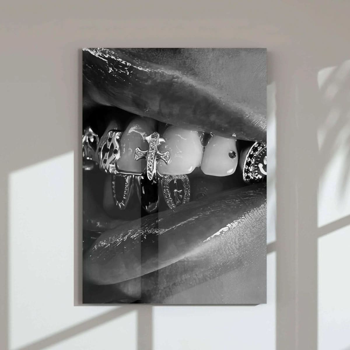 Close-up of a luxurious lip grill with intricate details, emphasizing elegance and modern fashion.