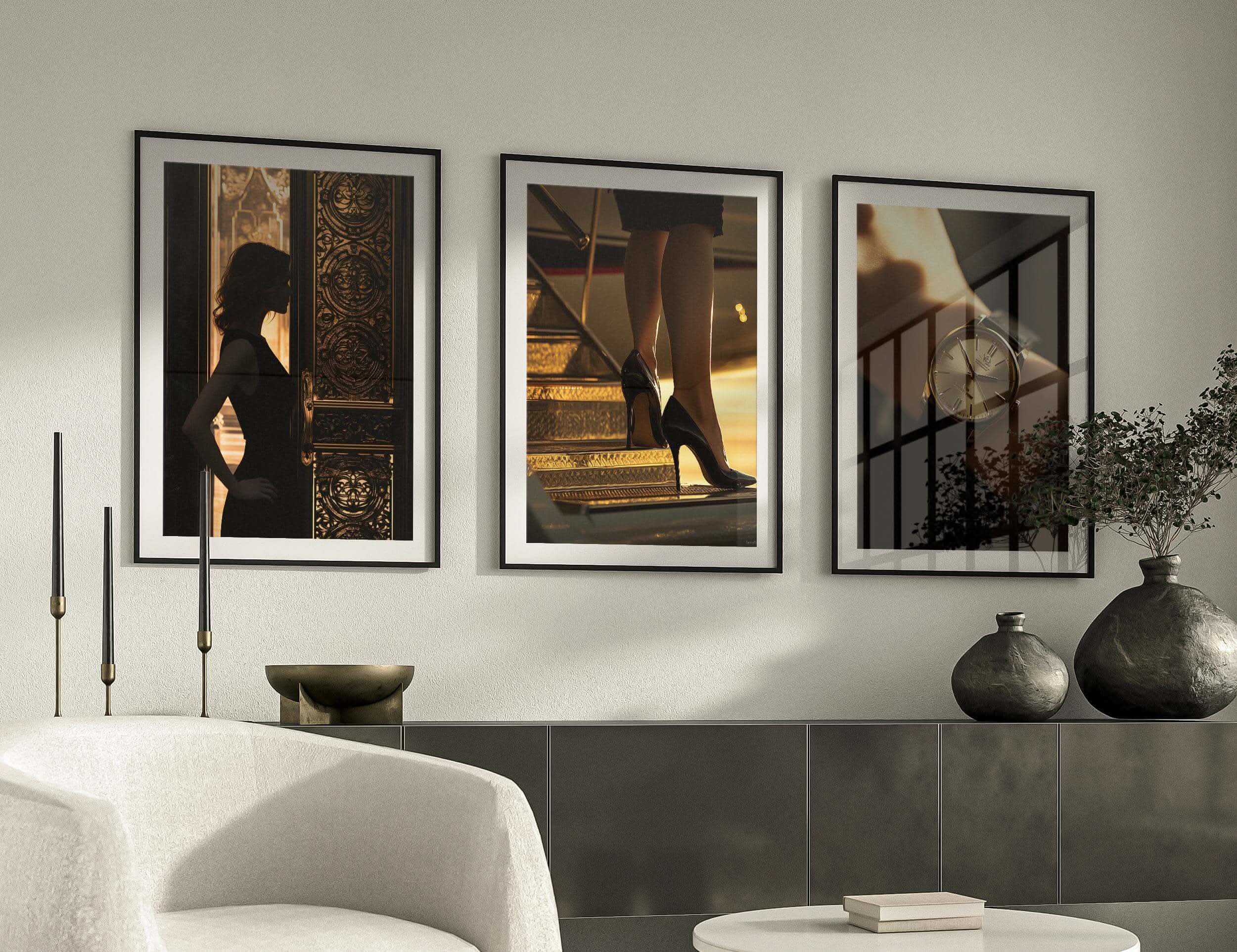 Luxurious fashion prints with elegant poses and stylish accessories for chic home decor.
