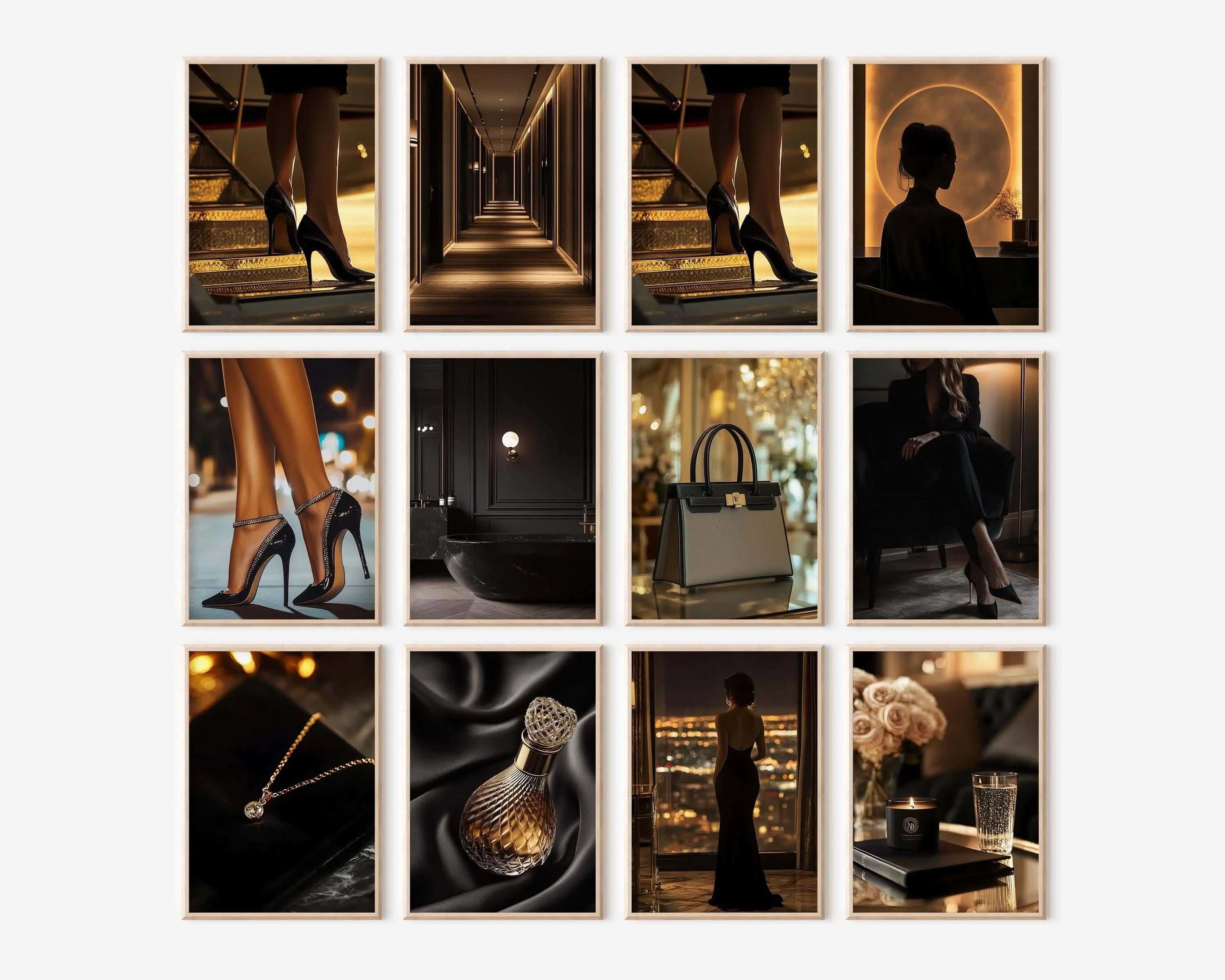 Stylish wall art featuring modern luxury themes with deep colors emphasizing elegance.