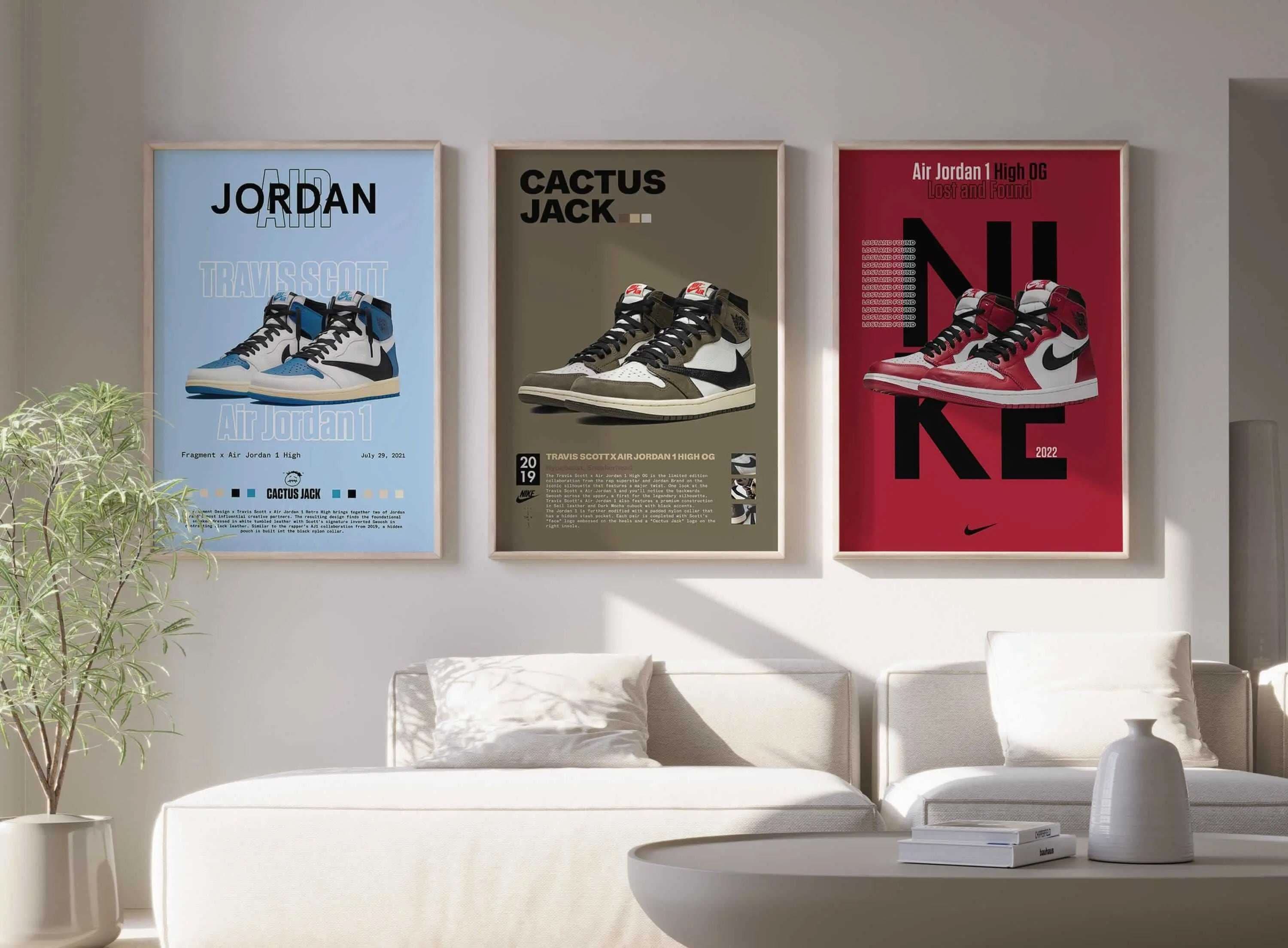 Set of three sneaker posters highlighting urban style, great for a modern art gallery.