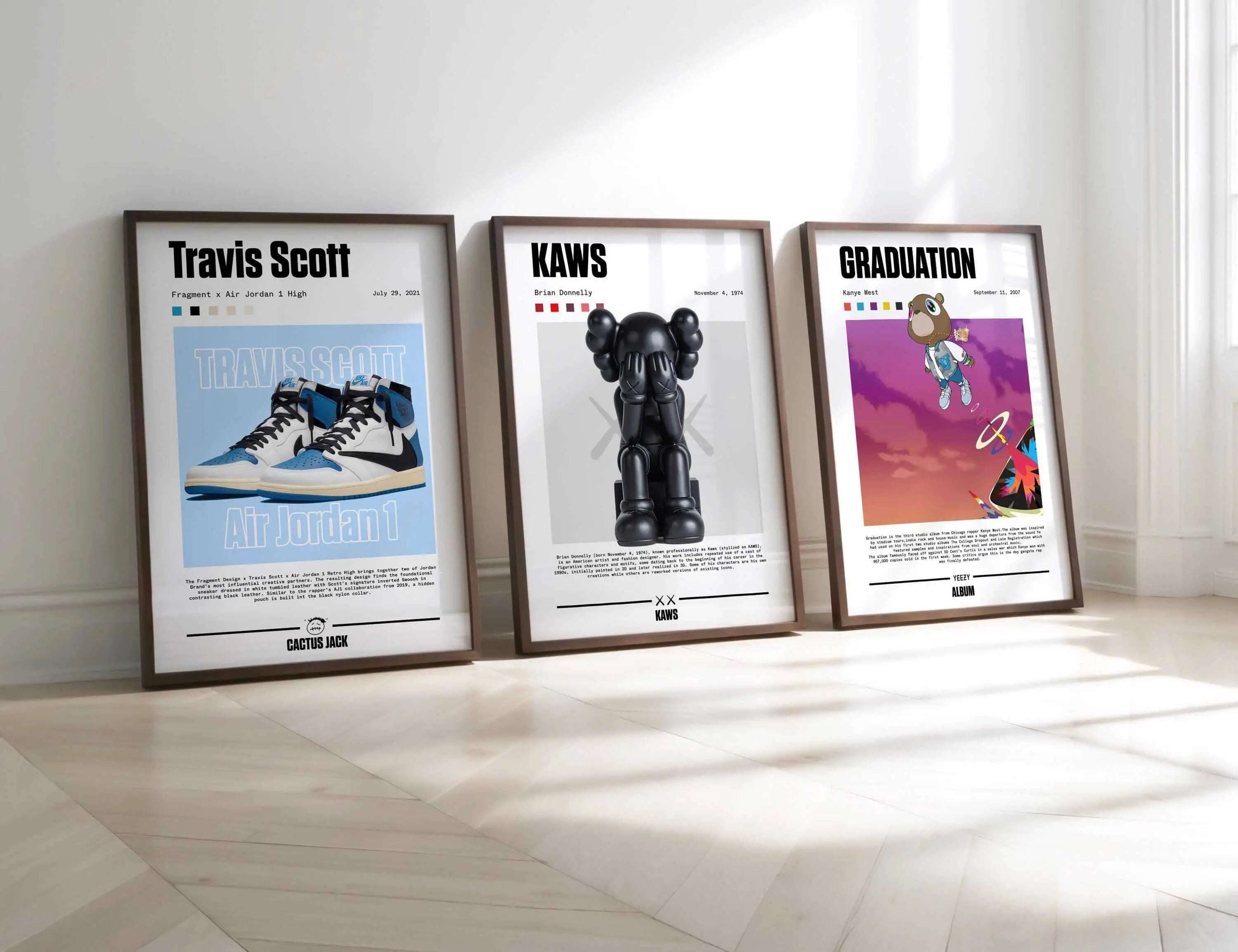 Music Album Sneaker Wall Art Set of 3 framed digital wall art prints featuring hip-hop sneaker and figurine themes in a bright modern room, Haus of Prints.