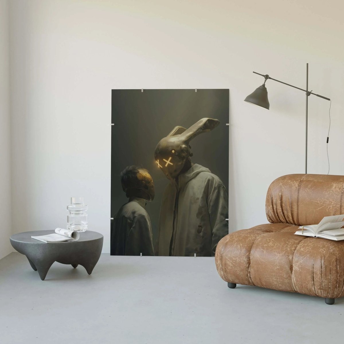 Neon Sentinel – Cyber Bunny & Companion digital wall art with neon glow in minimalist living room, modern printable art by Haus of Prints.