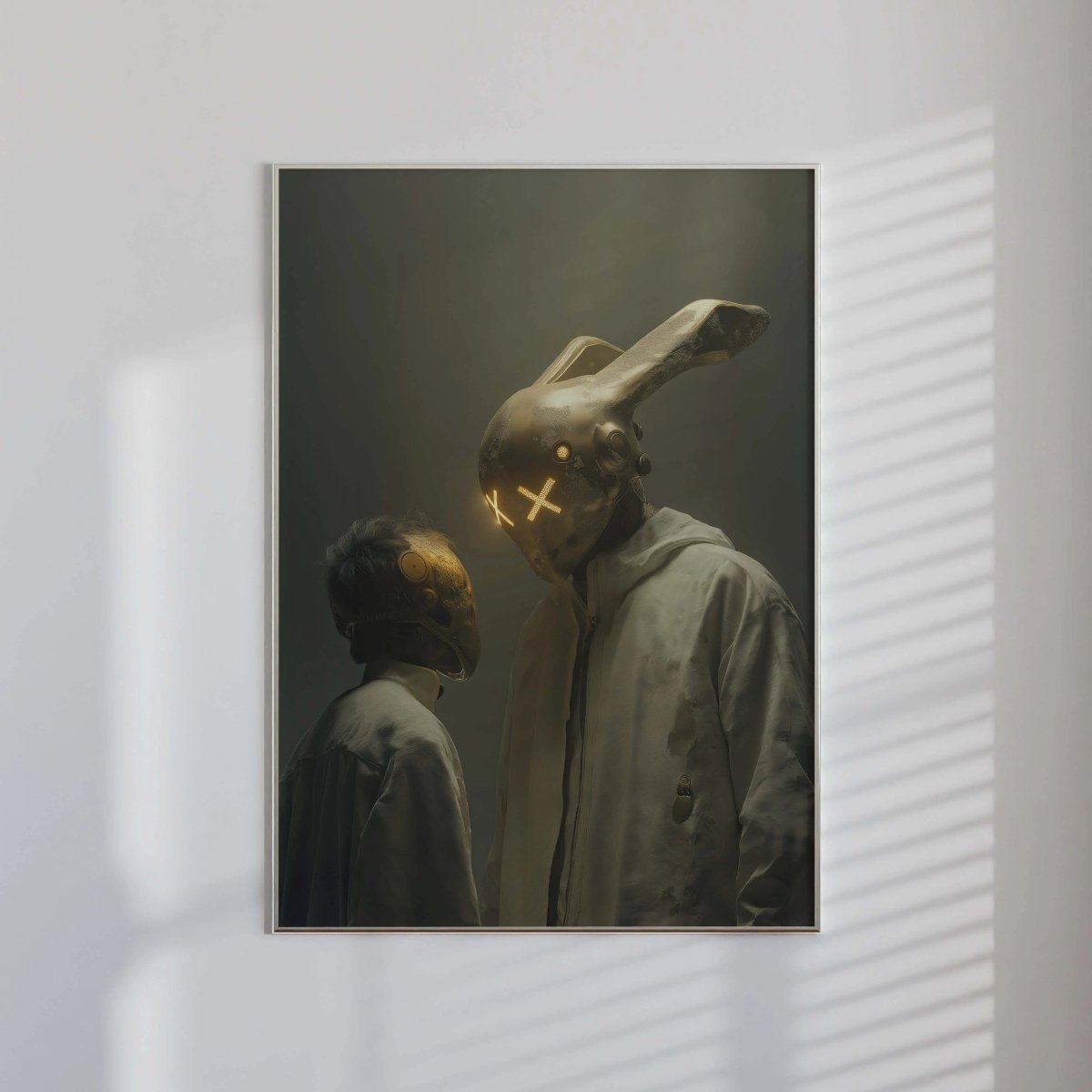 Framed Neon Sentinel – Cyber Bunny & Companion digital wall art with dark moody tones, modern home decor by Haus of Prints.
