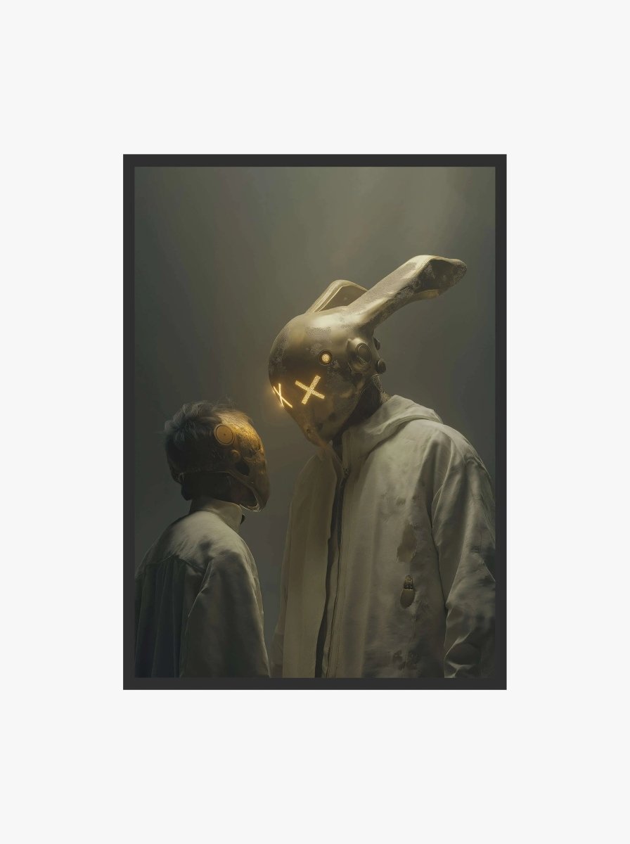 Neon Sentinel – Cyber Bunny & Companion digital wall art print with glowing eyes, futuristic theme, perfect for modern decor — Haus of Prints.