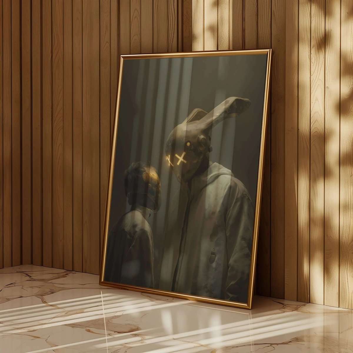 Neon Sentinel – Cyber Bunny & Companion digital wall art print in gold frame, moody aesthetic for modern home decor, Haus of Prints.