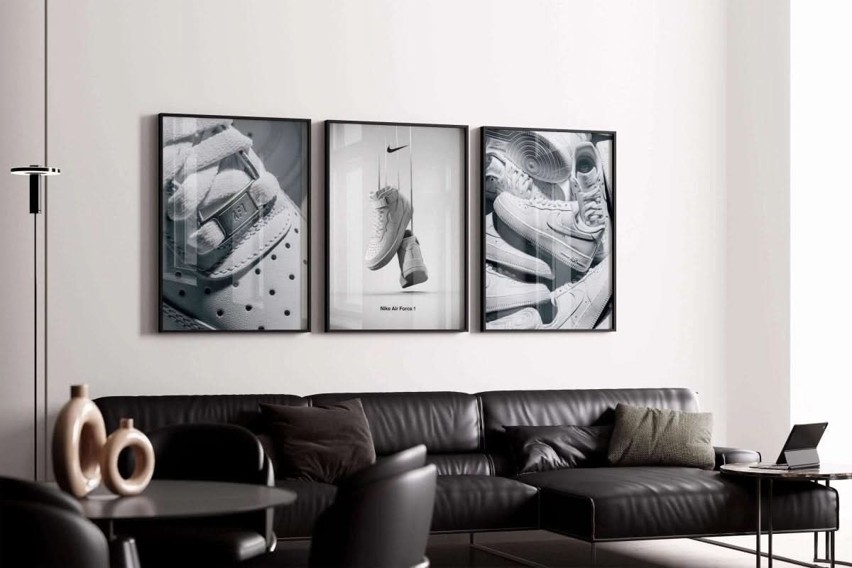 Minimalist art of Nike Air Force 1 sneakers hanging, perfect for contemporary decor aesthetics.