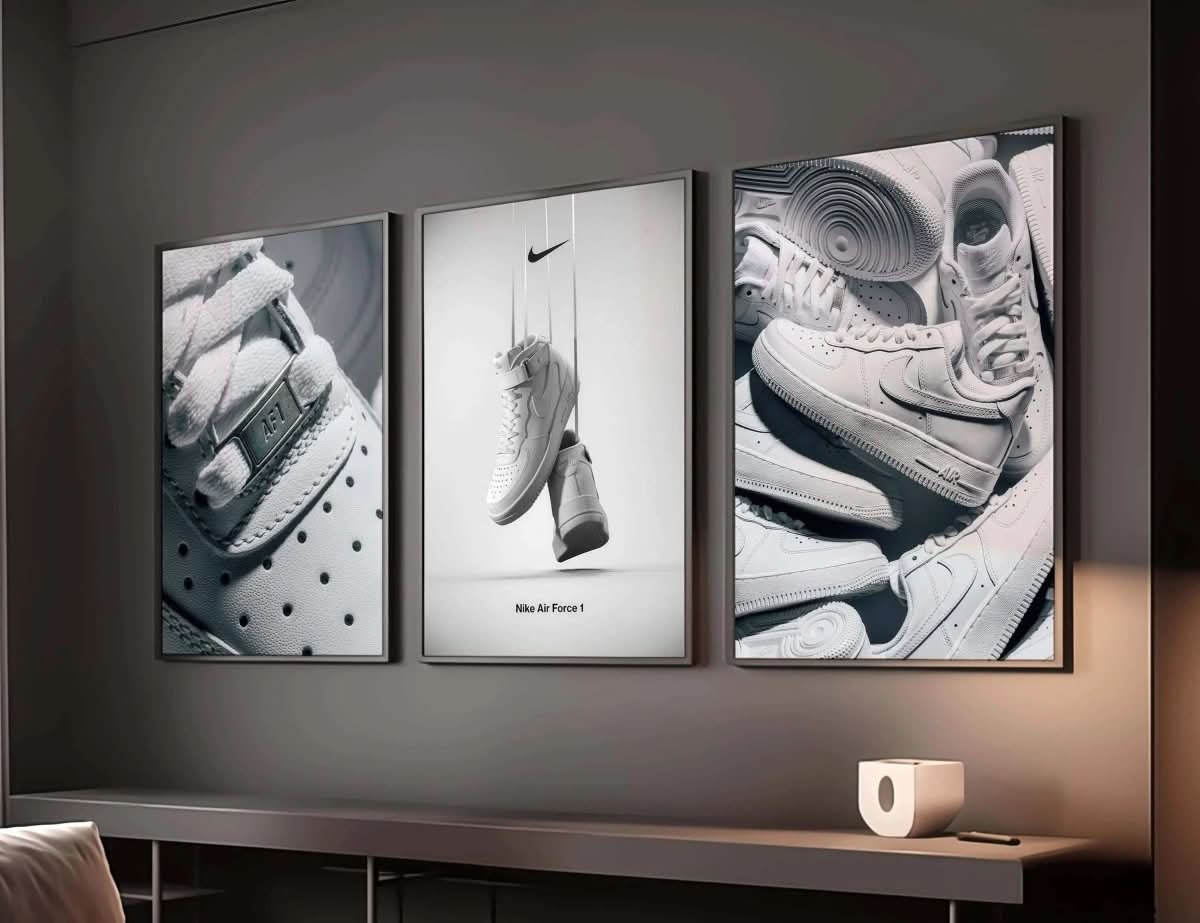 Black and white digital wall art set featuring Nike Air Force 1 sneakers in modern living room, printable art by Haus of Prints.