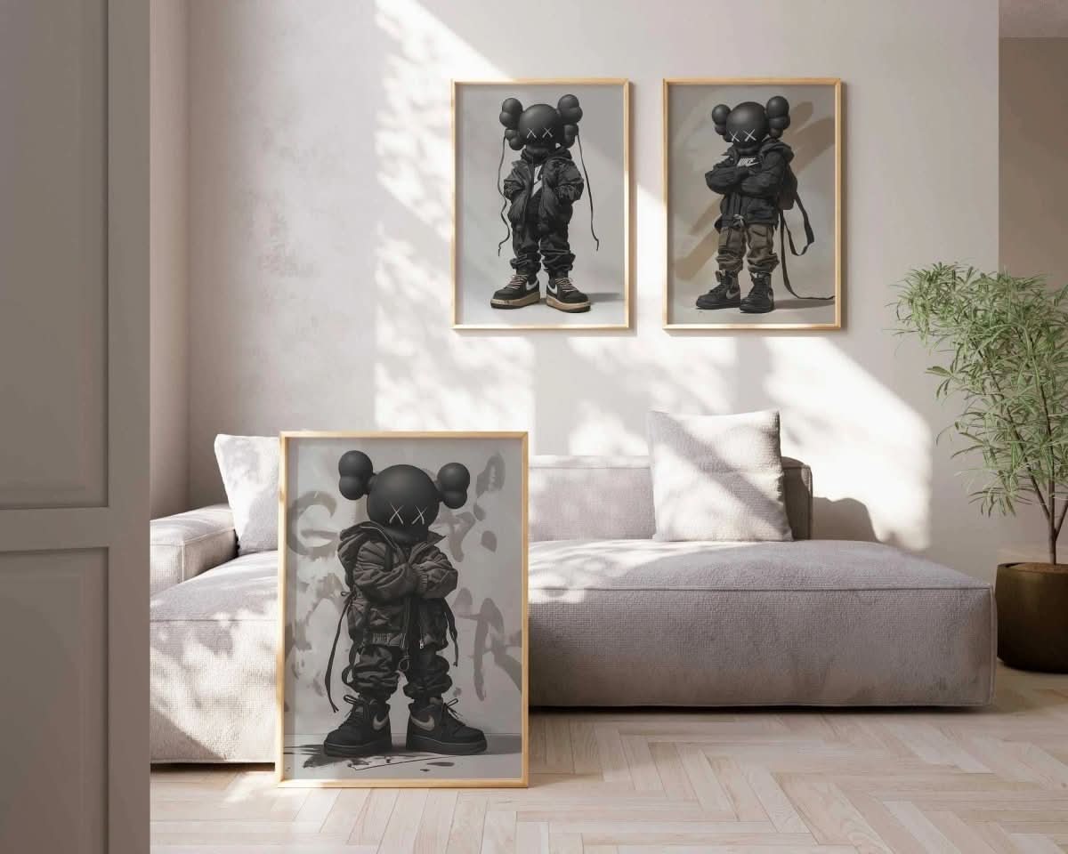 Set of 3 Nike Designer Toys Posters highlighting urban fashion, showcasing unique KAWS-inspired designs.