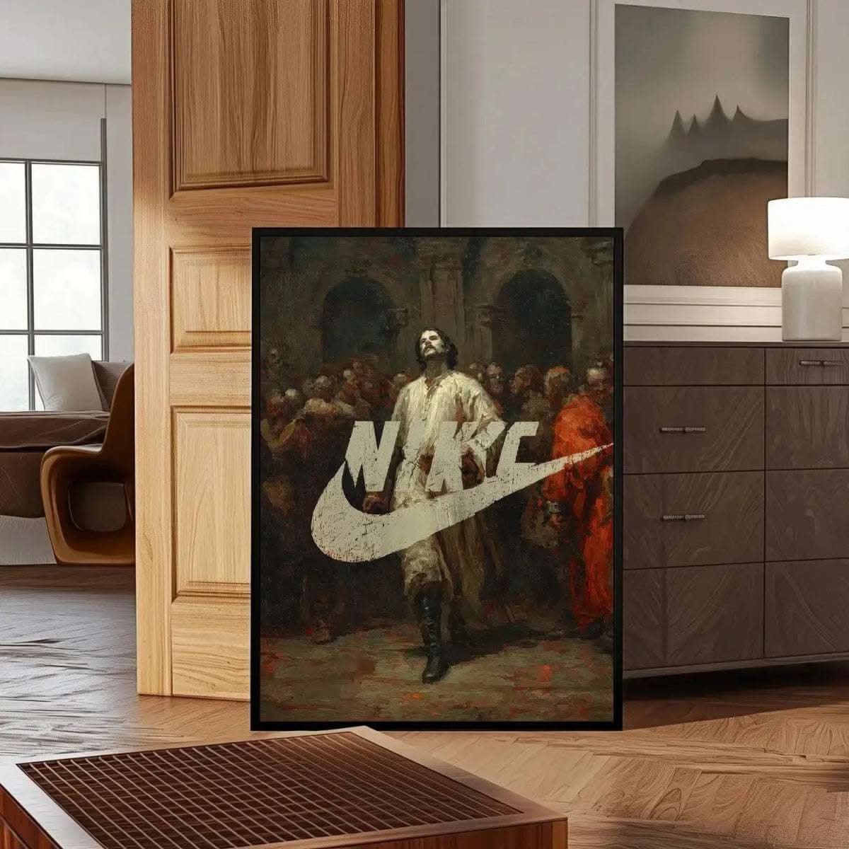 Nike Renaissance Wall Art Print – Swoosh Classic positioned in a cozy room, showcasing cultural celebration and style.