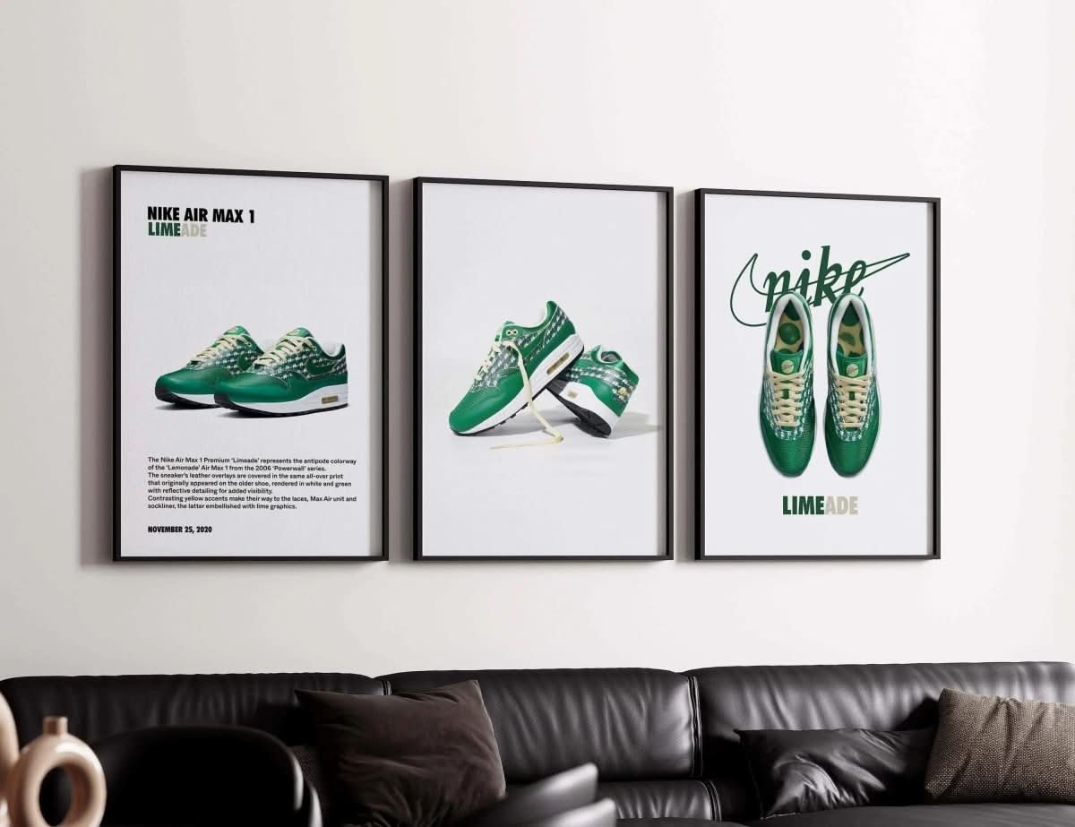 Minimalist poster design of Nike sneakers, suitable for contemporary decor styles.